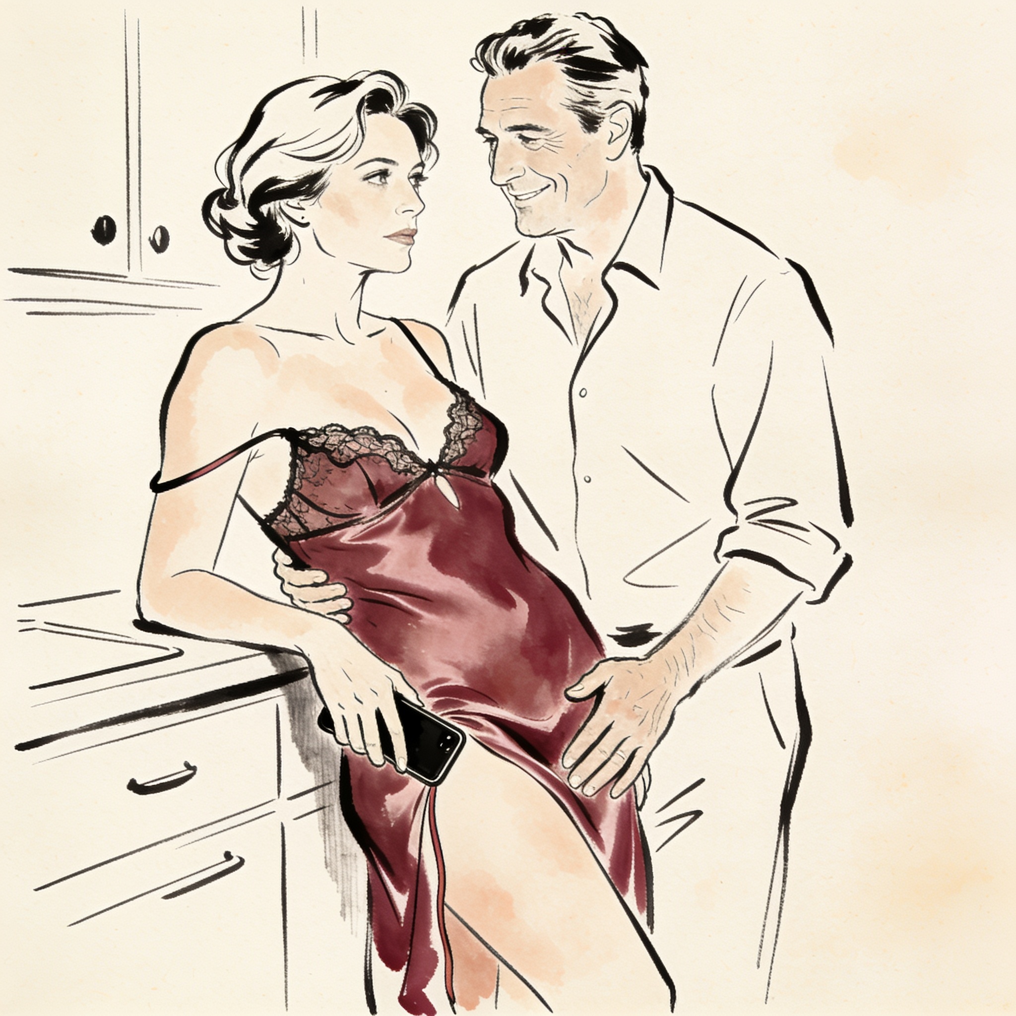 Woman in a silk slip leans against a counter, her husband's hand on her hip as she hold...