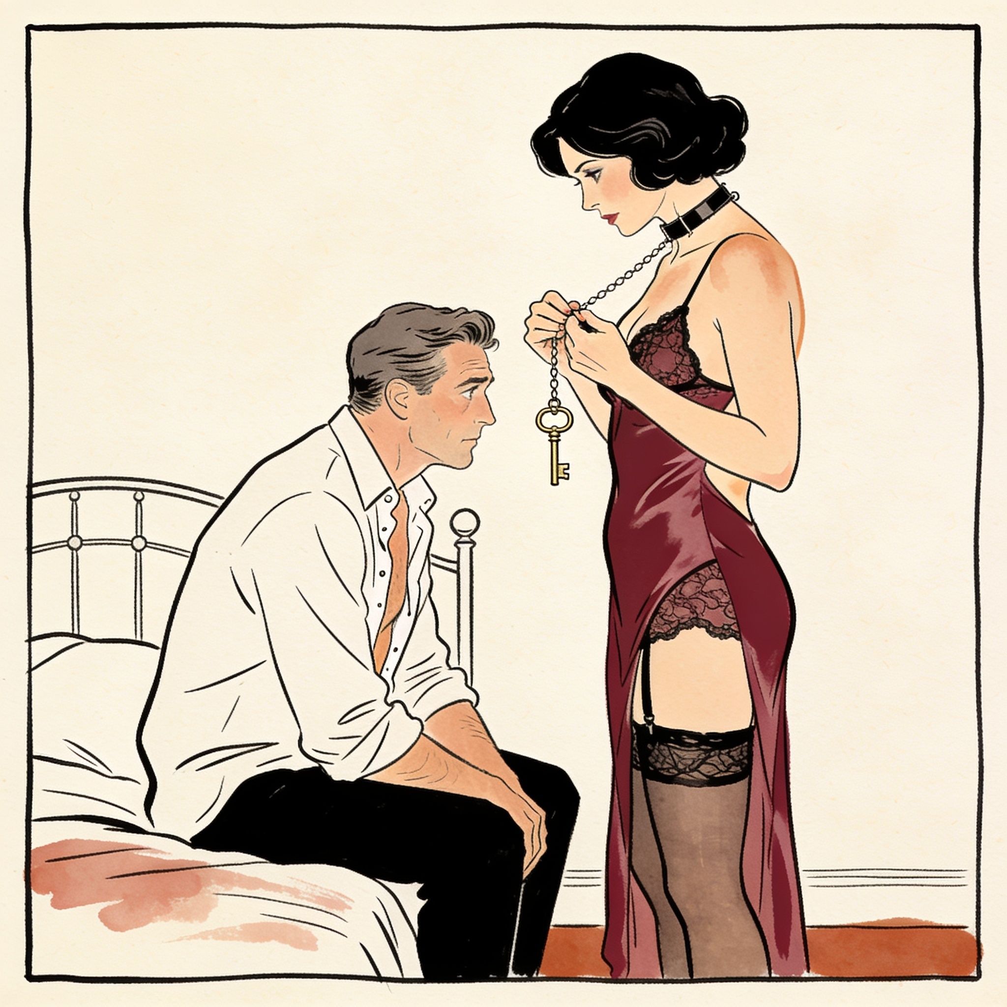 A woman twists a key on a necklace while a man watches intently from a bed.