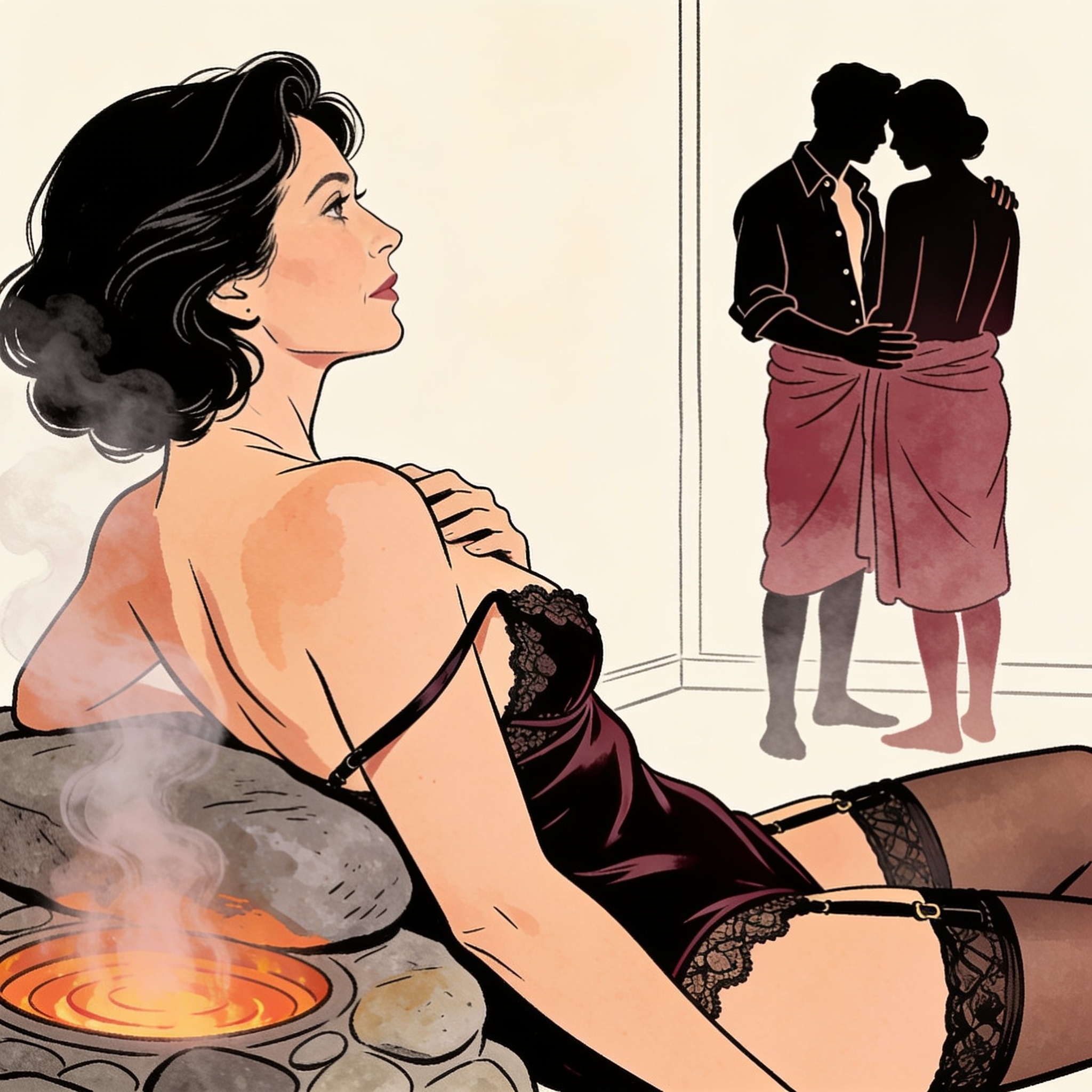 A woman in a slip glances through steam at two figures in a dim hamam.