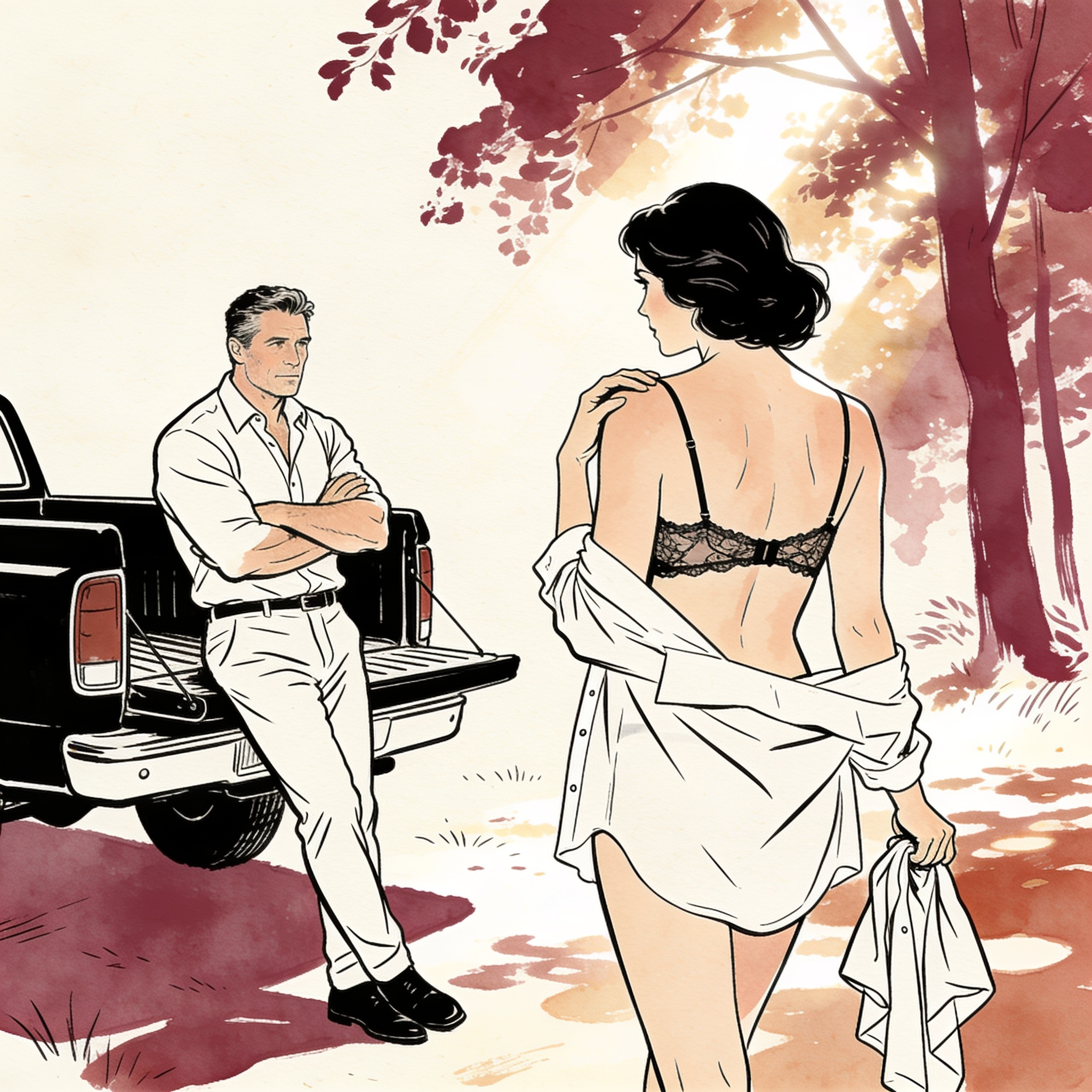 A woman looks over her shoulder at a man by a truck, her back bare.