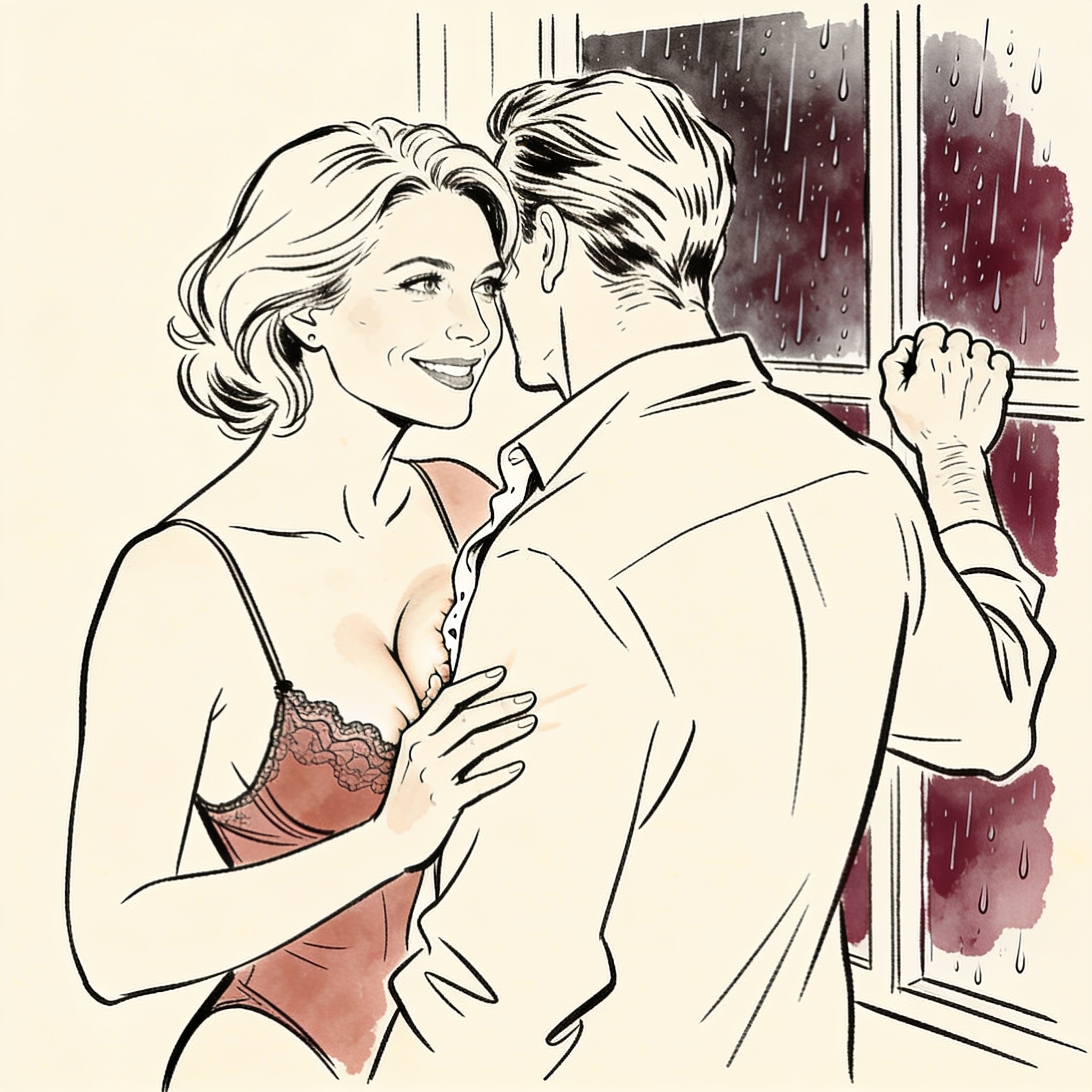 A couple in a kitchen, her hand guiding his to her chest as they watch the rain.
