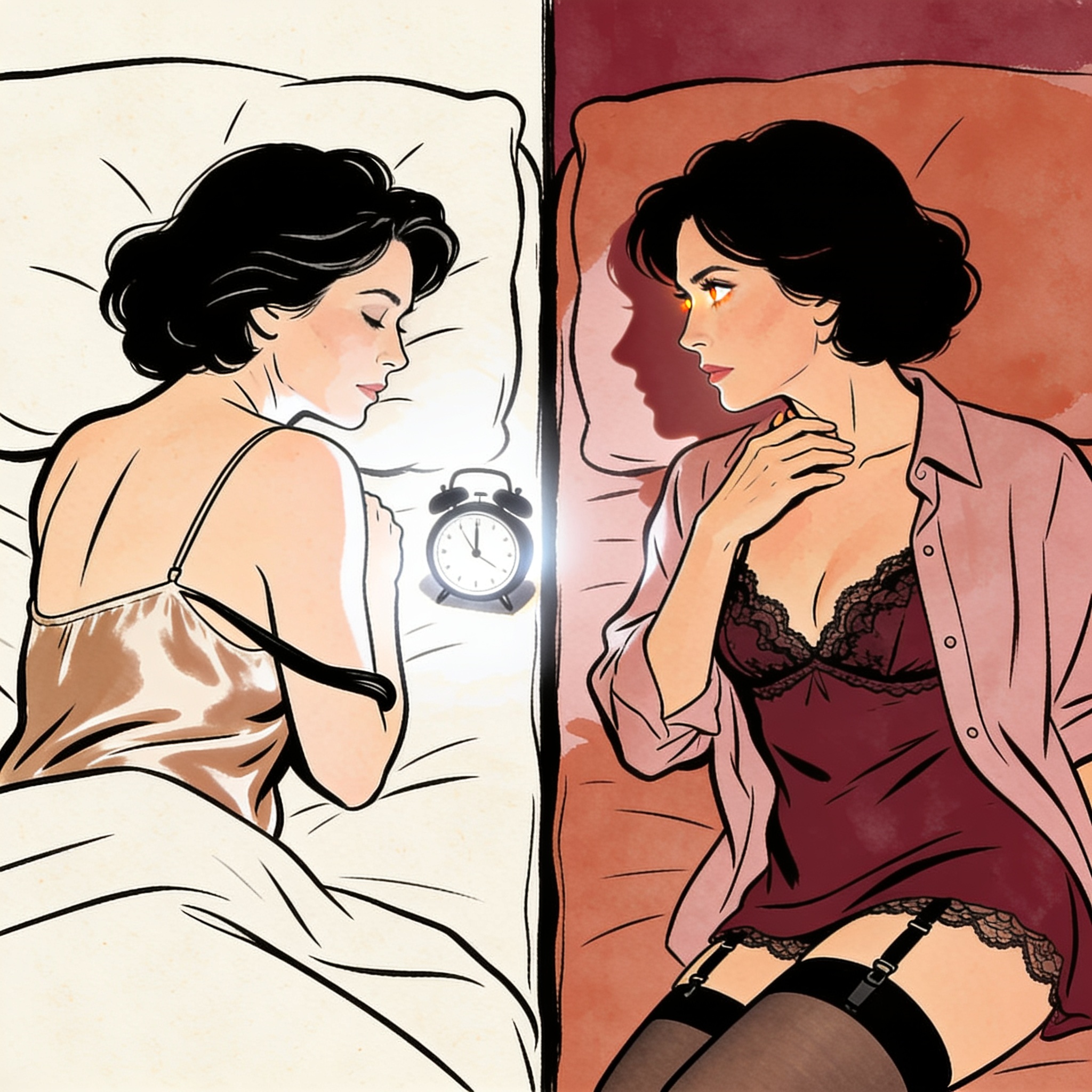 One woman watches her sleeping roommate in the dim light of a dorm room.