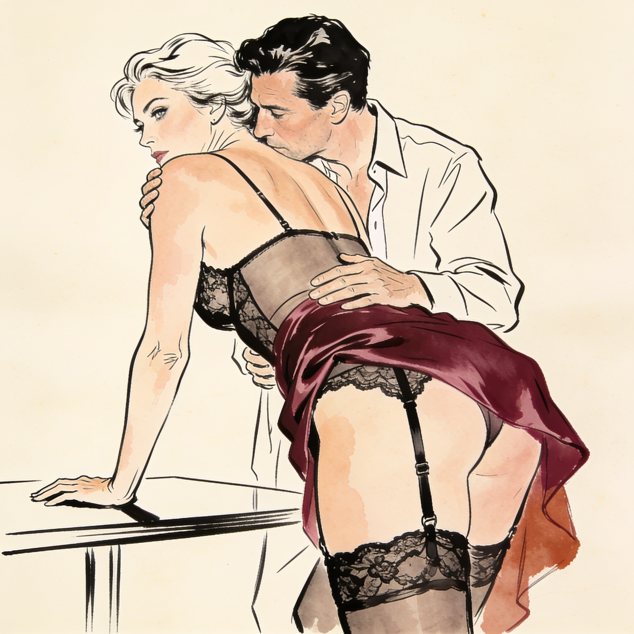 Line art of a woman in garters leaning forward, captured from a discreet angle.