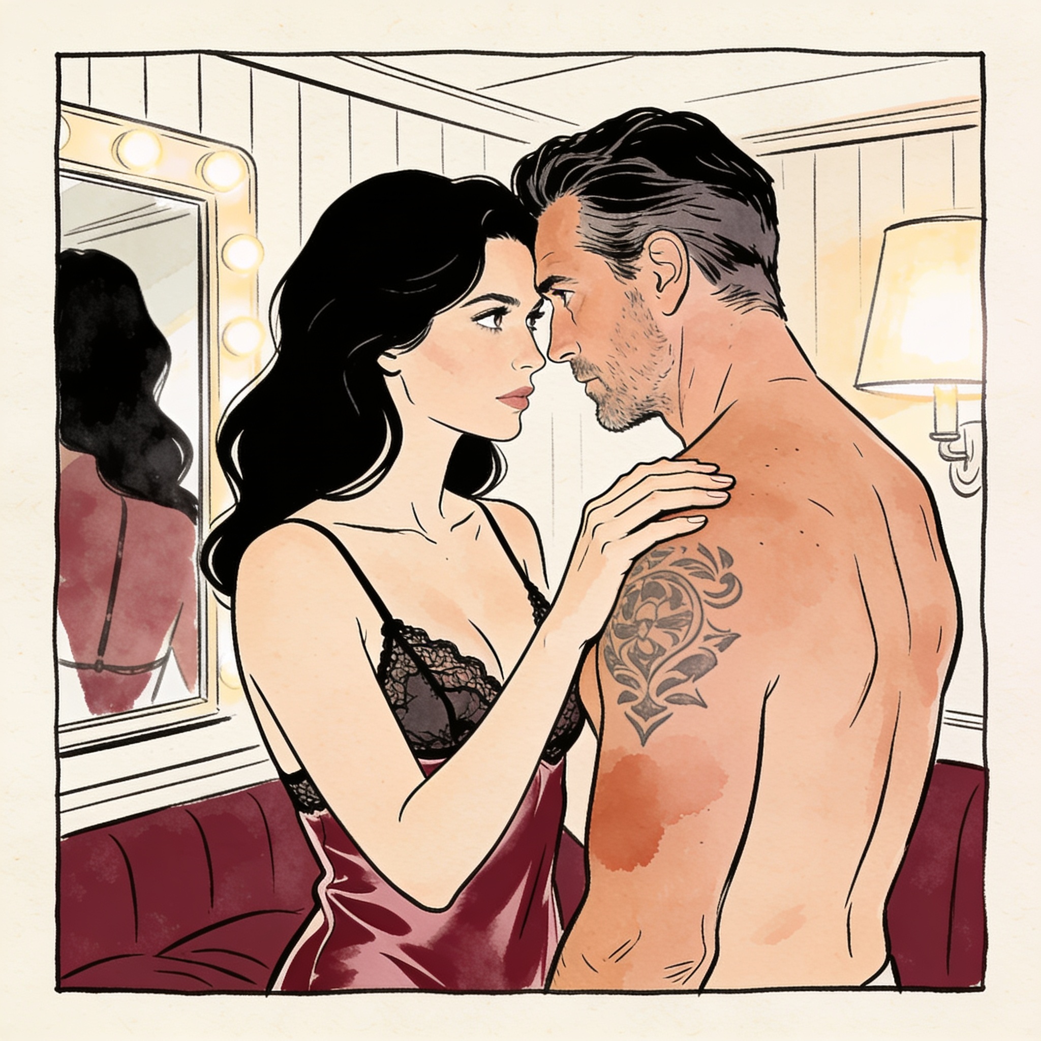 A woman touches a man's bare shoulder as they gaze at each other in a mirror.