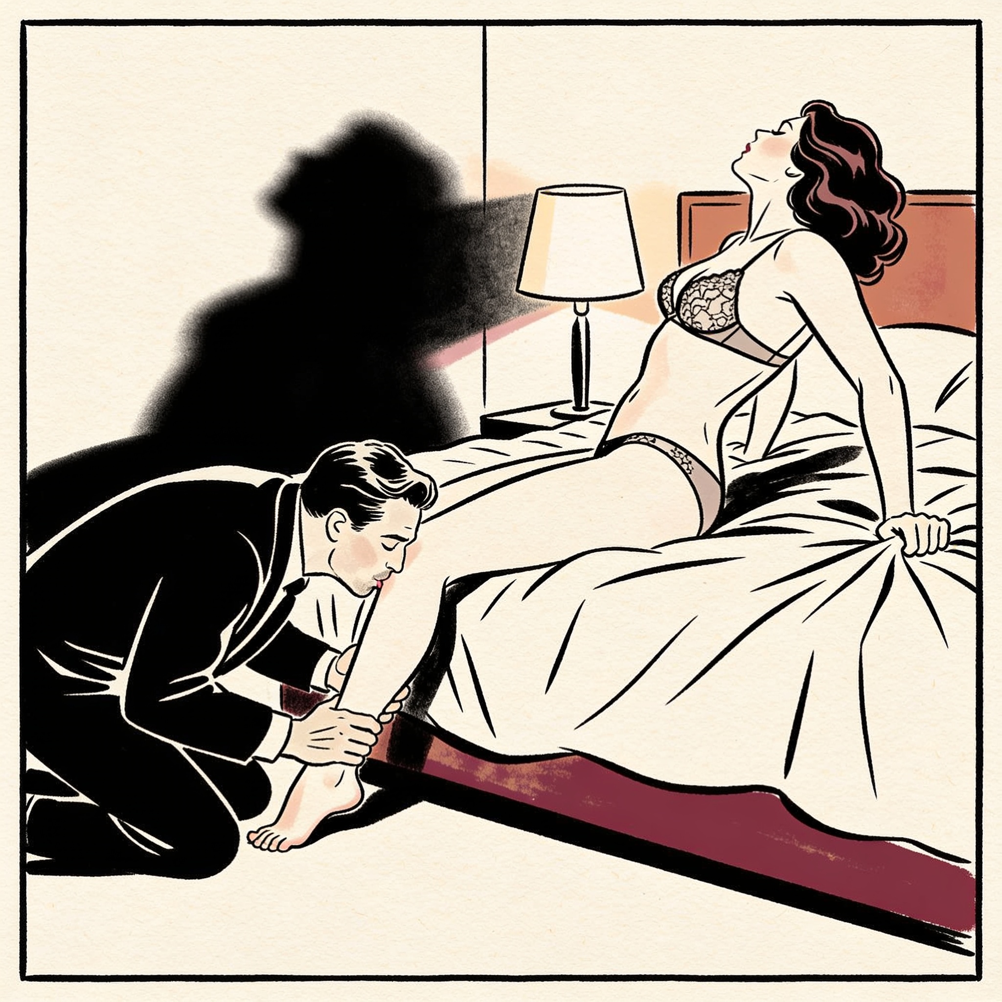 A man kisses a woman's foot as she arches her back in ecstasy on a bed.