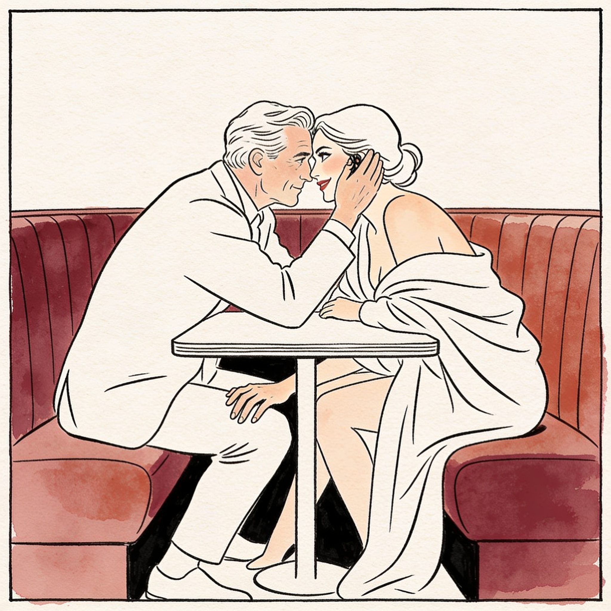 A woman whispers to a man in a bar, her hand on his thigh as she smiles at someone watc...