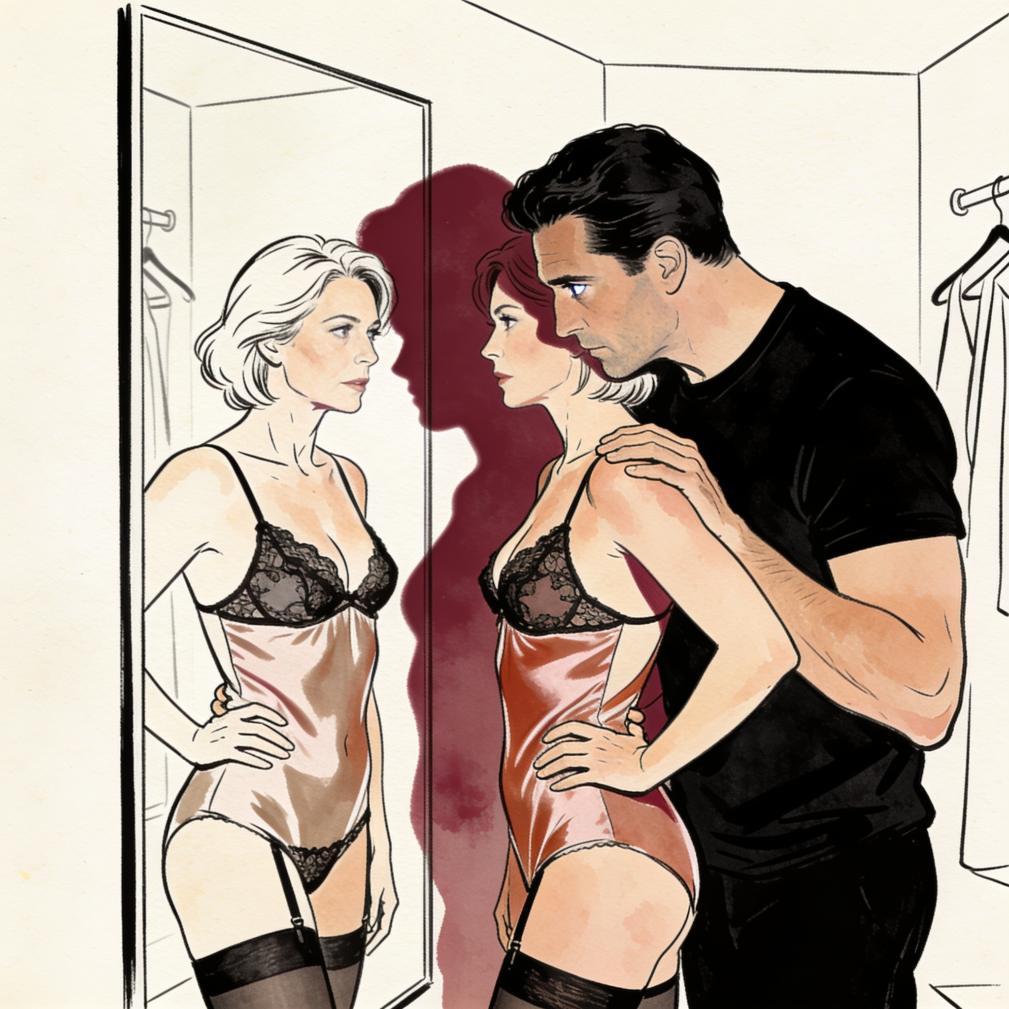 Silhouetted figure appraises a woman in lingerie in a fitting room mirror.
