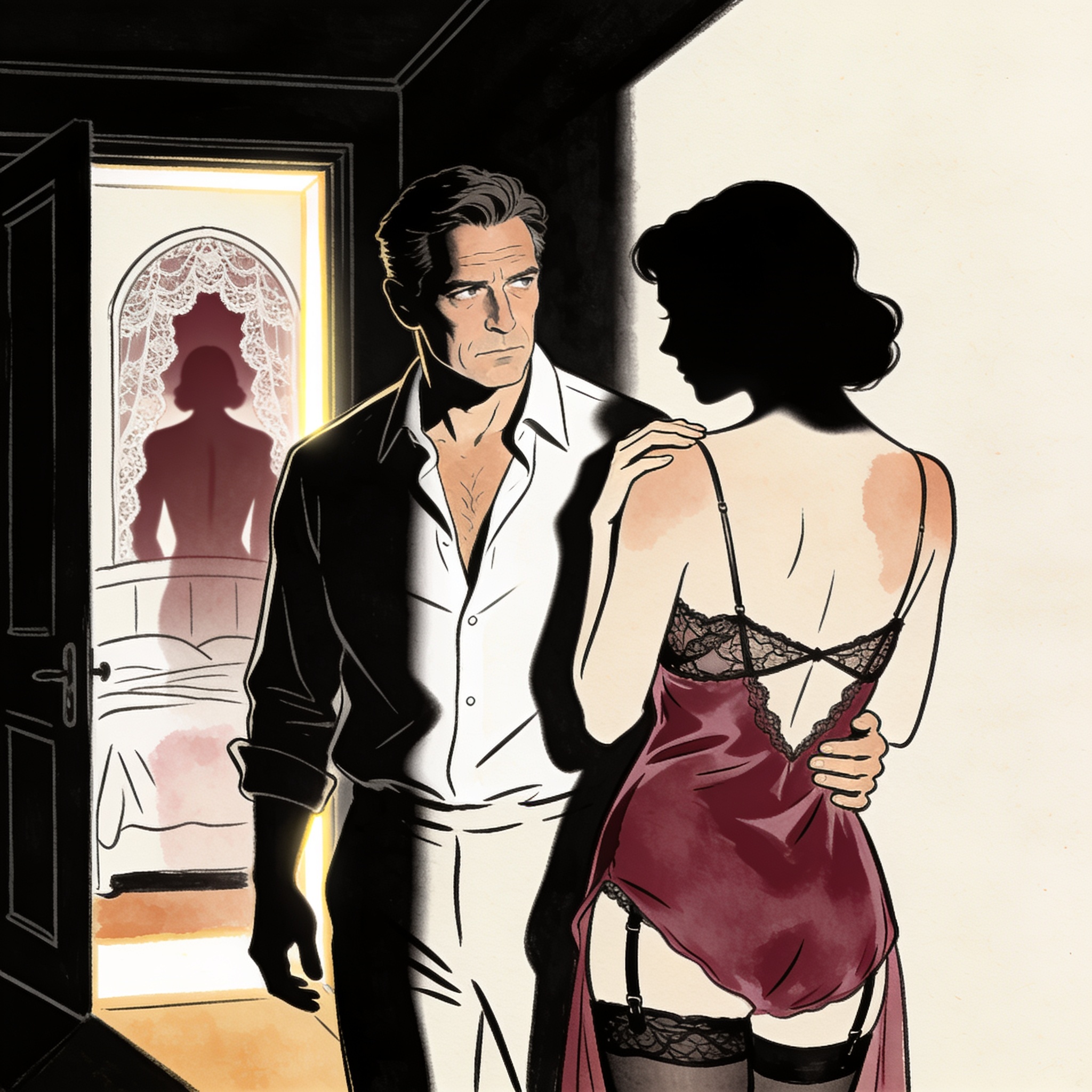 A man watches a silhouette through a cracked door, tension and desire in the dark hallway.