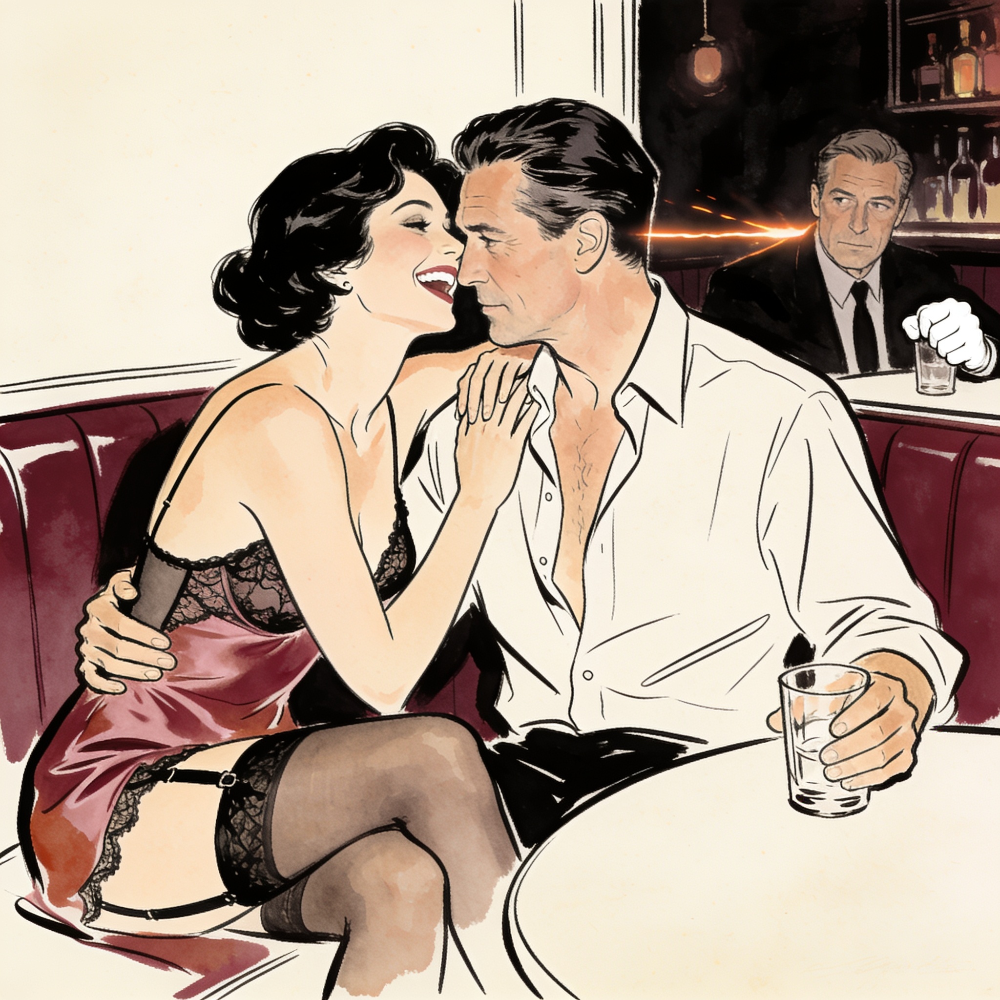A woman in a slip dress laughs intimately with a stranger while a man watches, gripping...