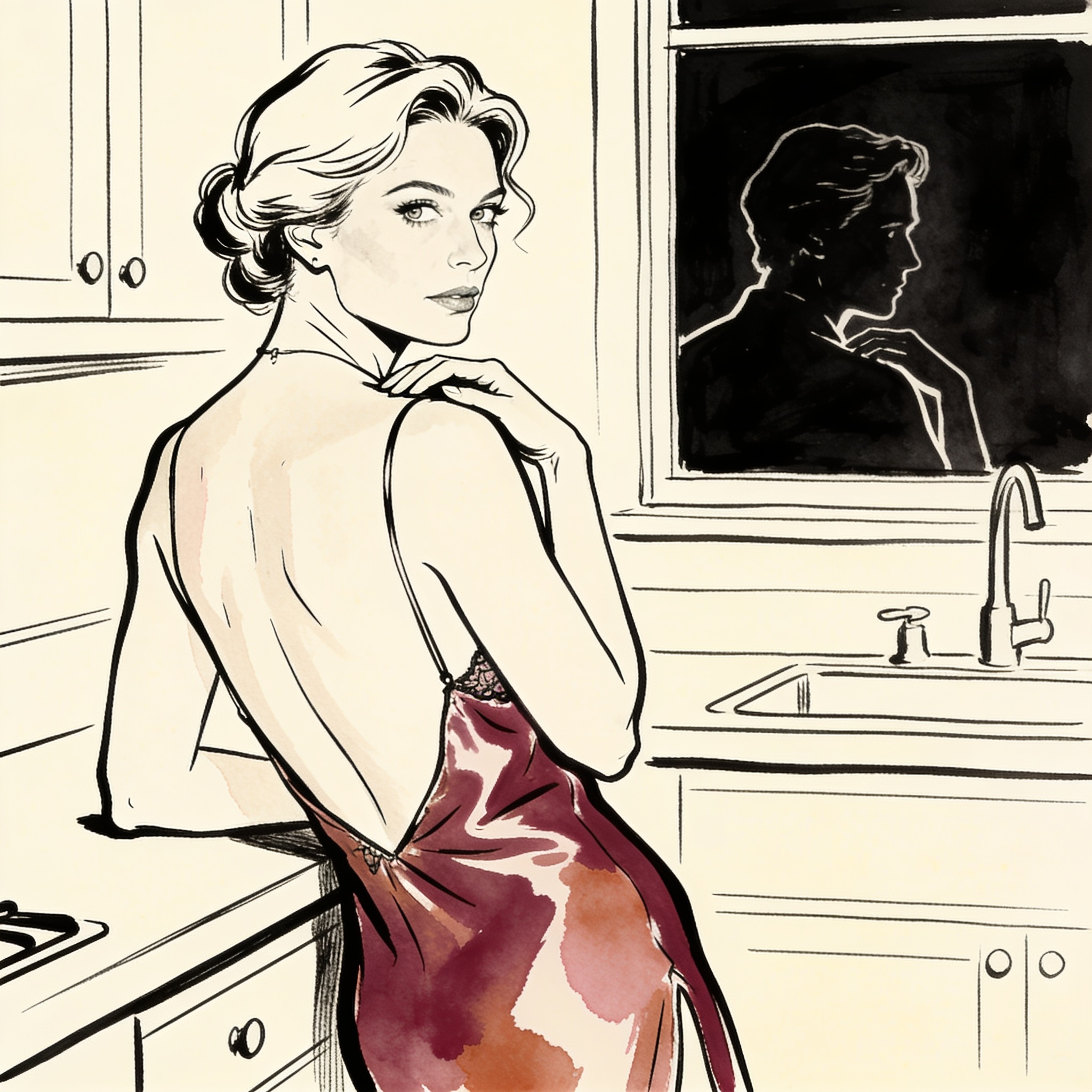 A young woman in a silk slip glances over her shoulder with a knowing, desirous gaze.