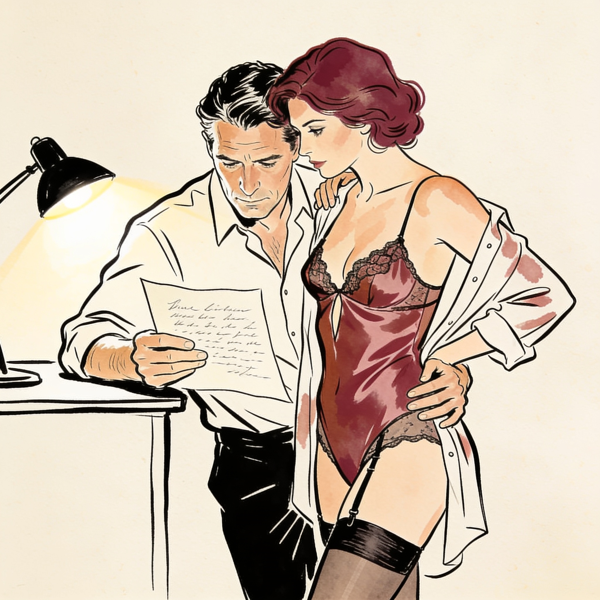 A couple in an intimate moment, a handwritten page between them, lit by a desk lamp.