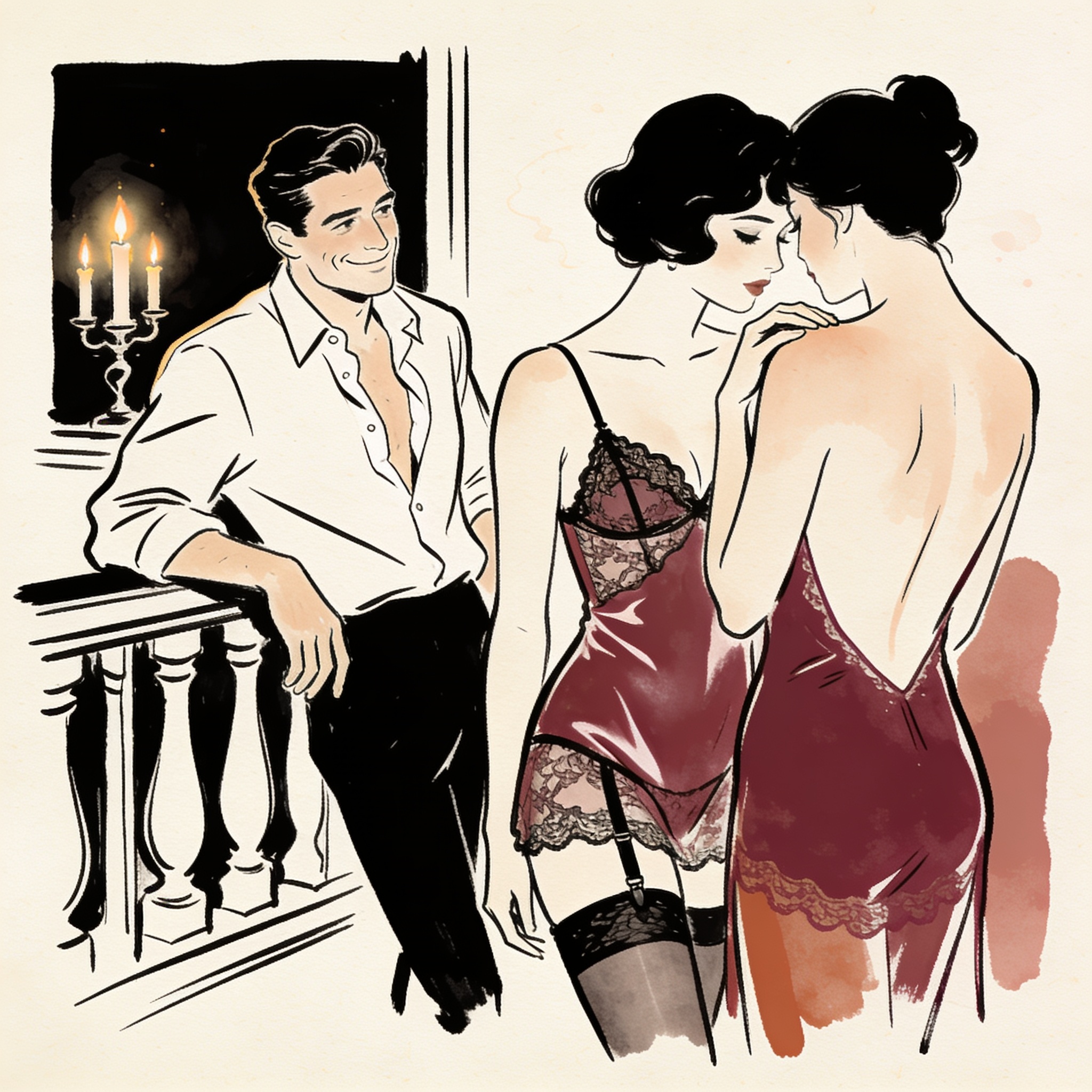 A man watches as a woman in a lace slip stands intimately close to another man on a bal...