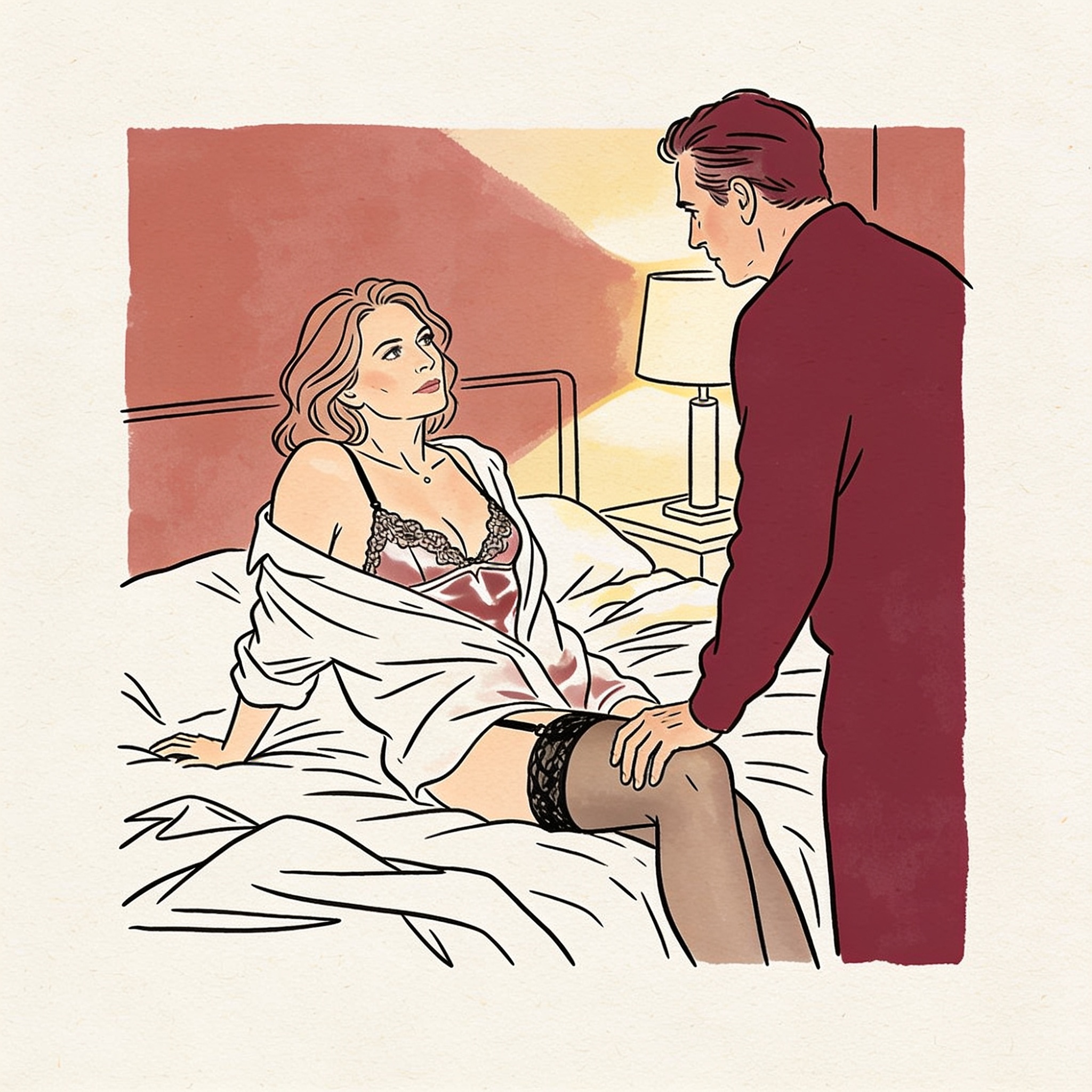 Man and woman share an intimate, charged gaze in a dim hotel room, her shirt off her sh...