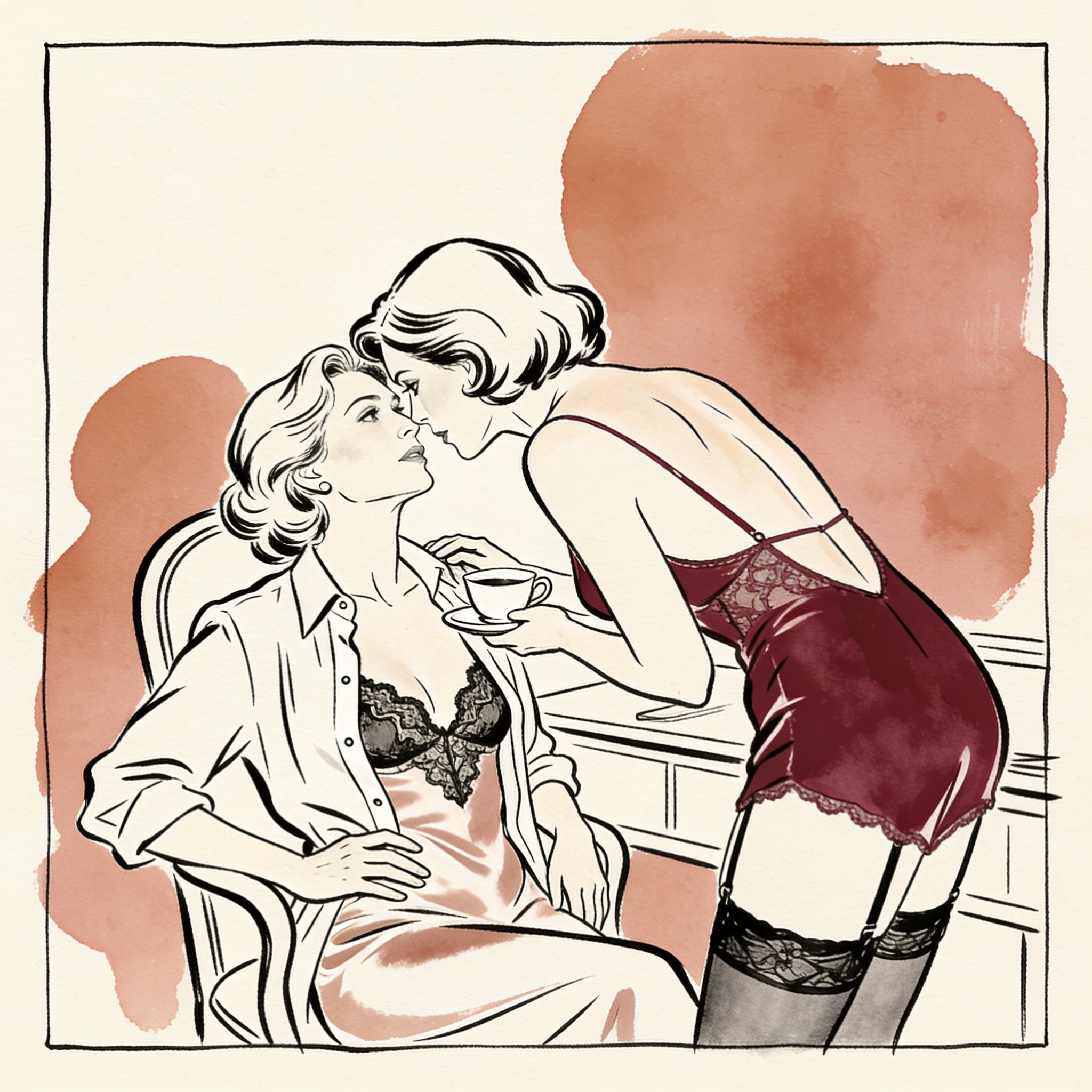 Two women share an intimate gaze over a cup of tea in a quiet, modern office.