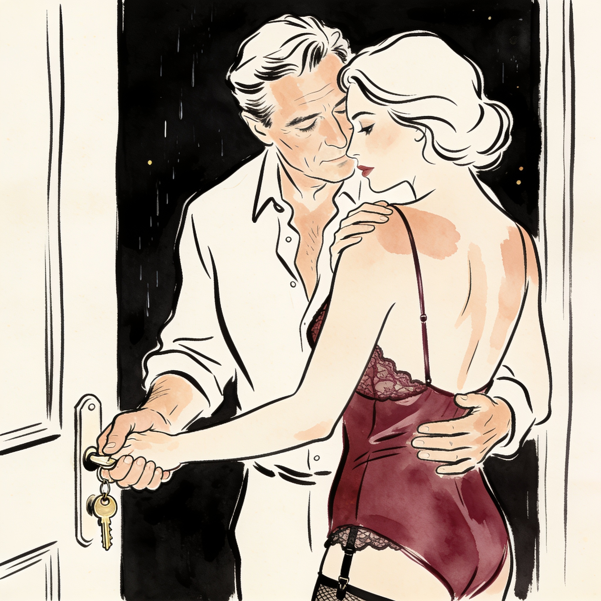 A man and woman intimately close, his hand over hers at a door lock, foreheads touching.