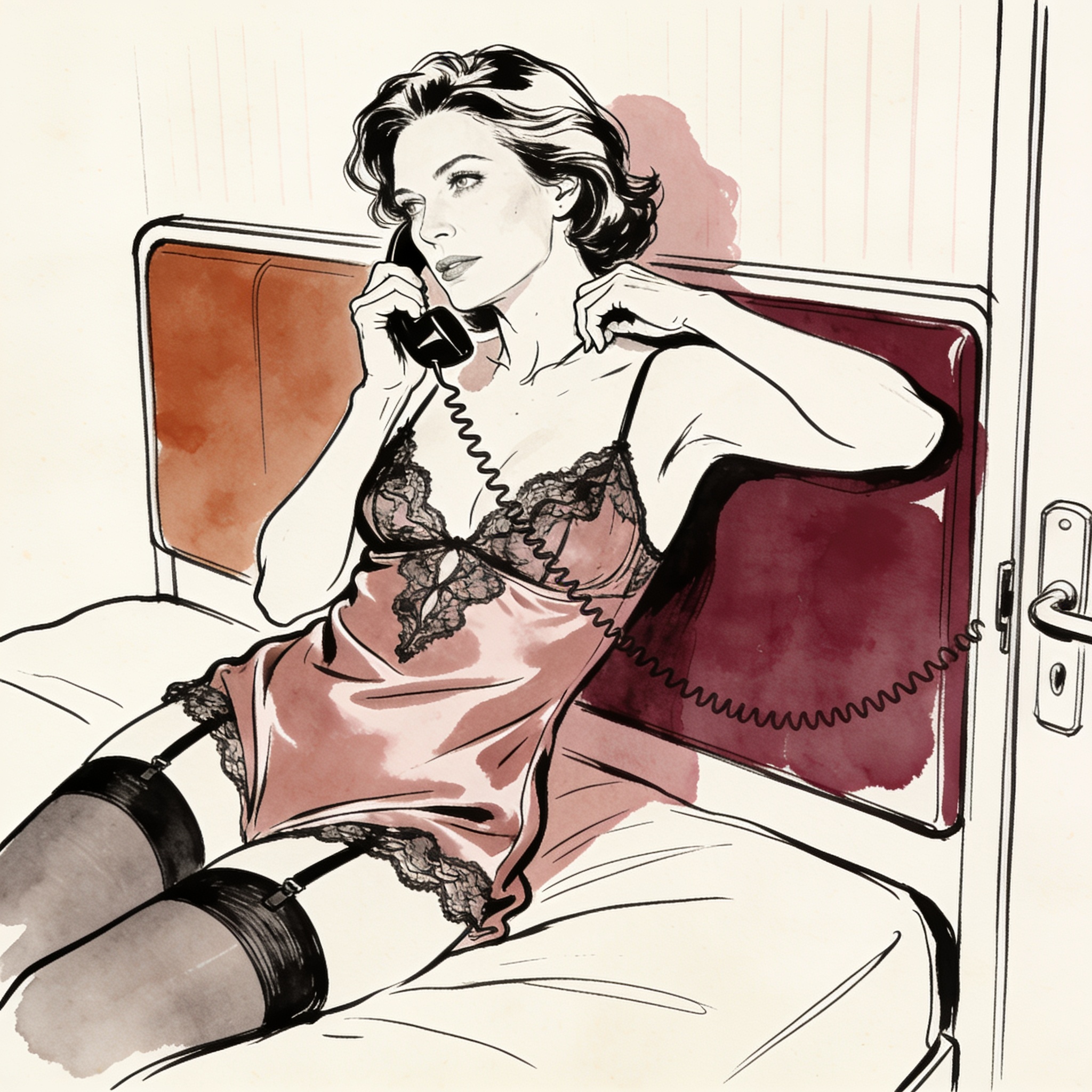 Woman in lace lingerie in motel room, holding phone with a tense, expectant expression.