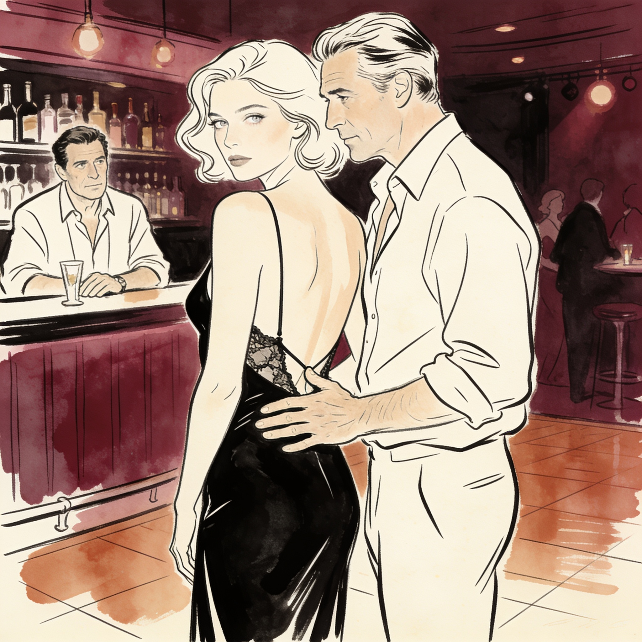 Line art of a woman in a slip dress with a man's hand on her back, watched by another.