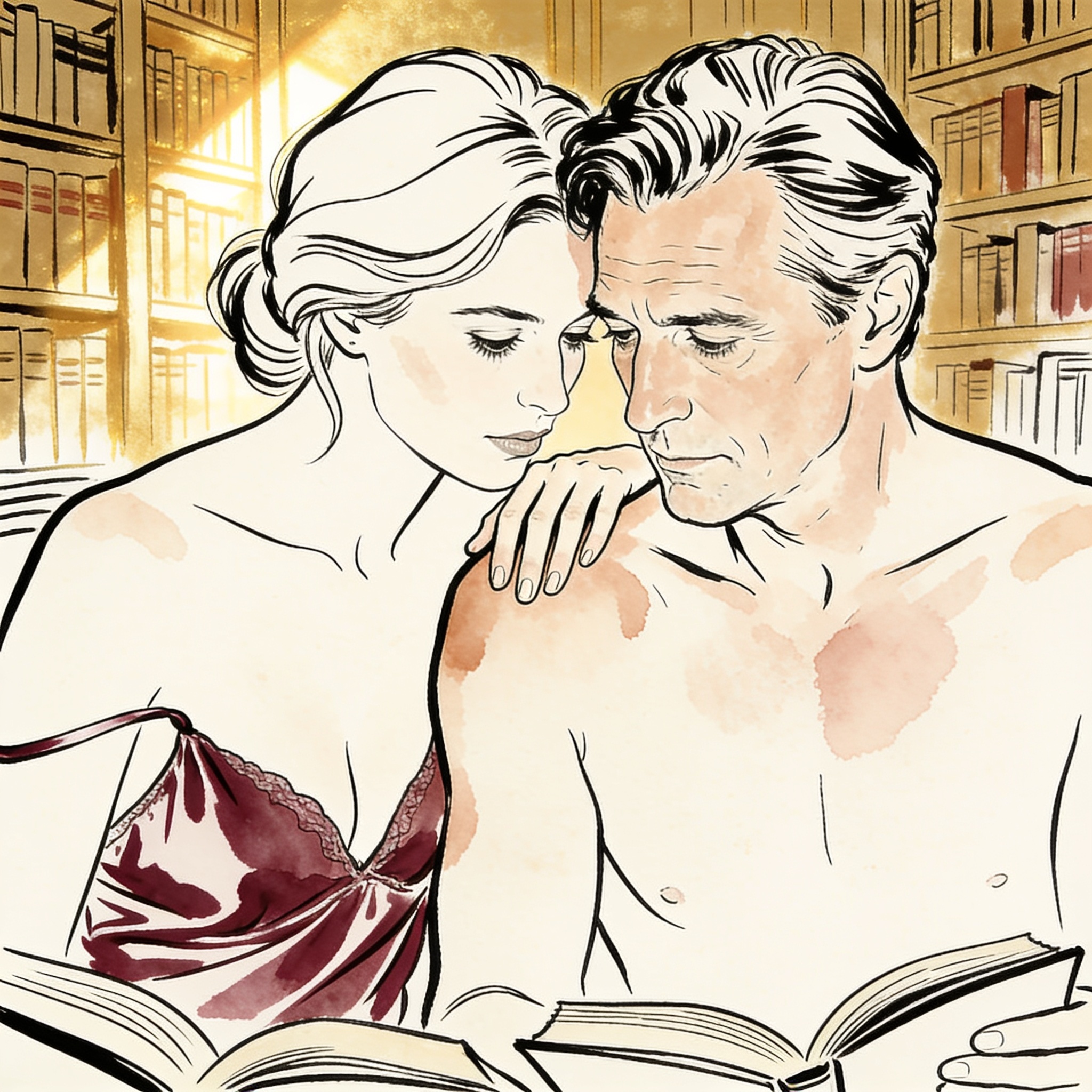 Two women share an intimate, longing look in a sunlit library.