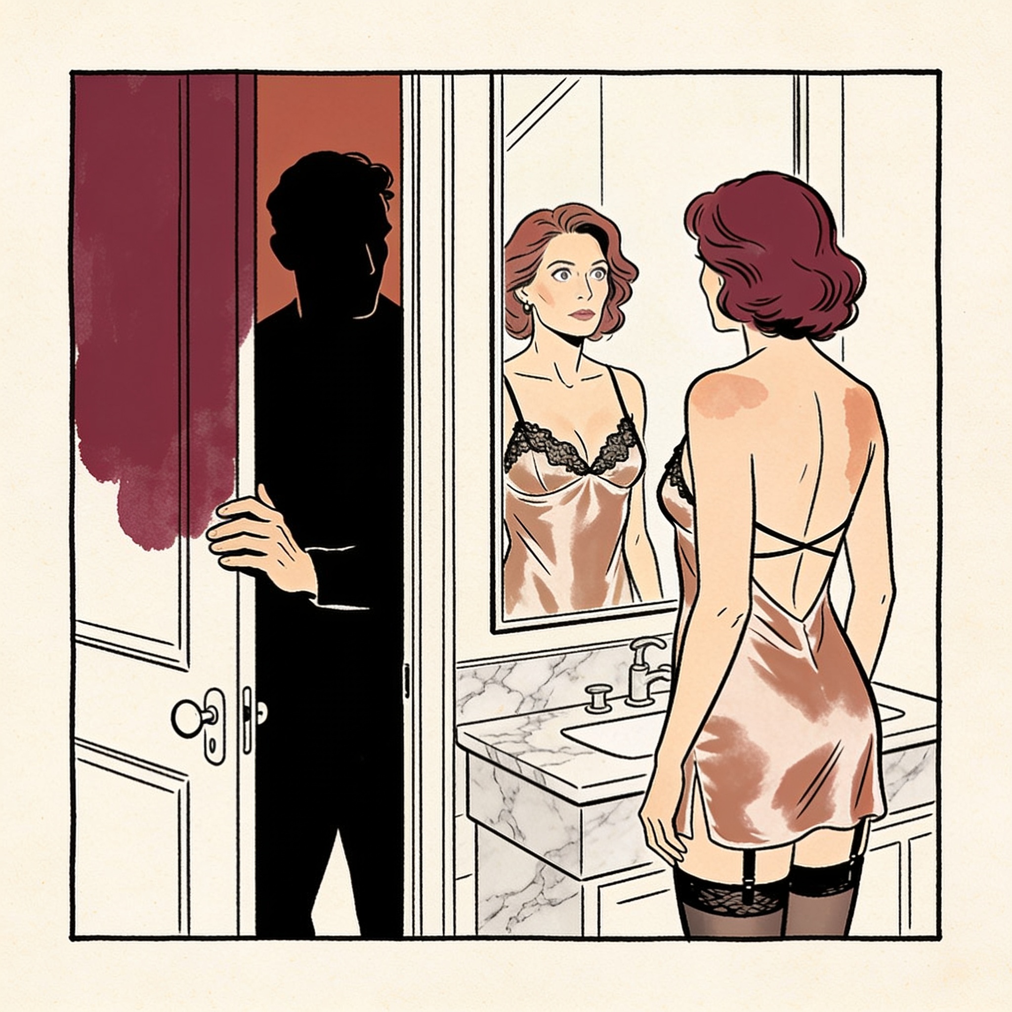 A woman in a slip faces a man's silhouette in a doorway, their tension visible in the m...