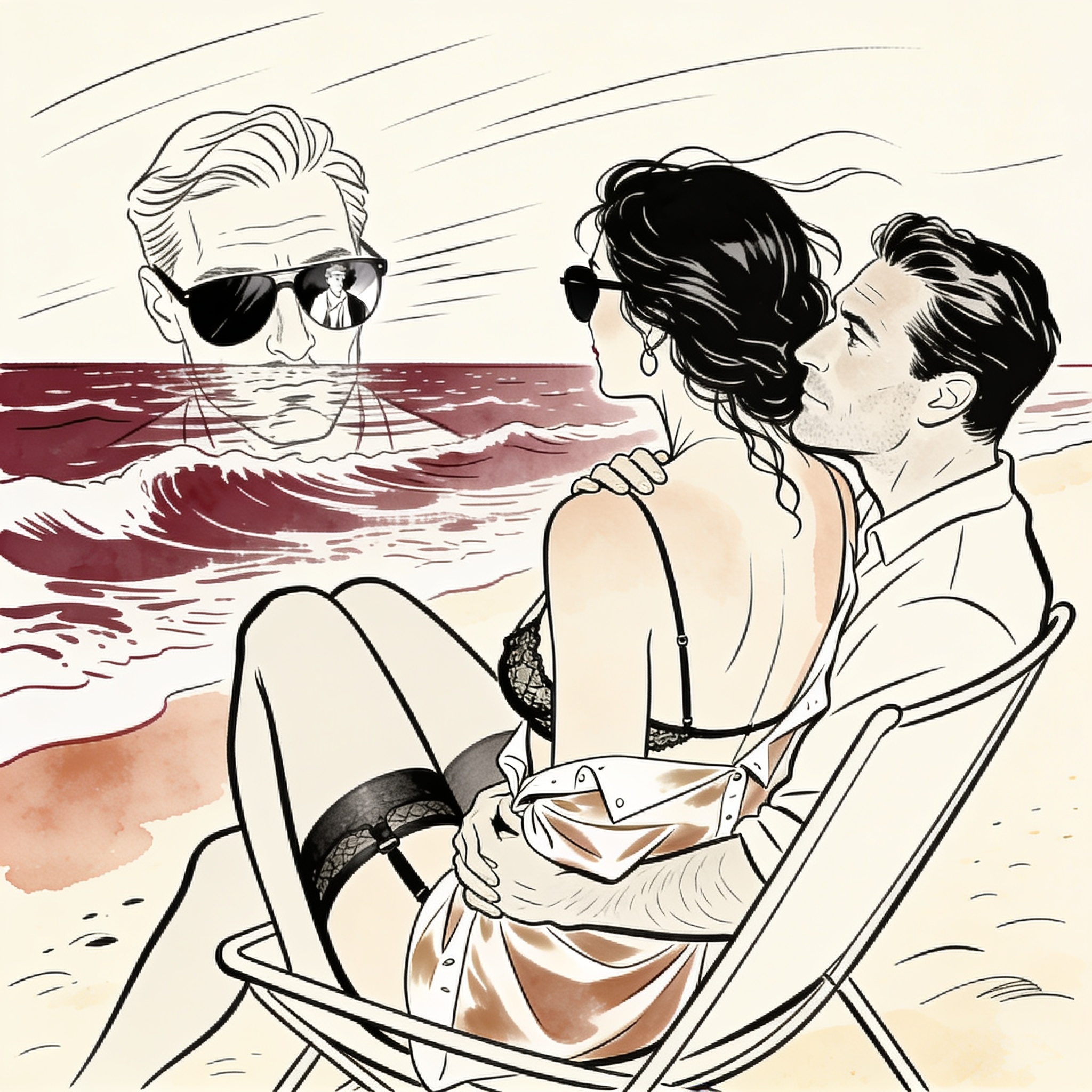 A tense couple on a beach, his gaze locked on her as she watches a stranger.