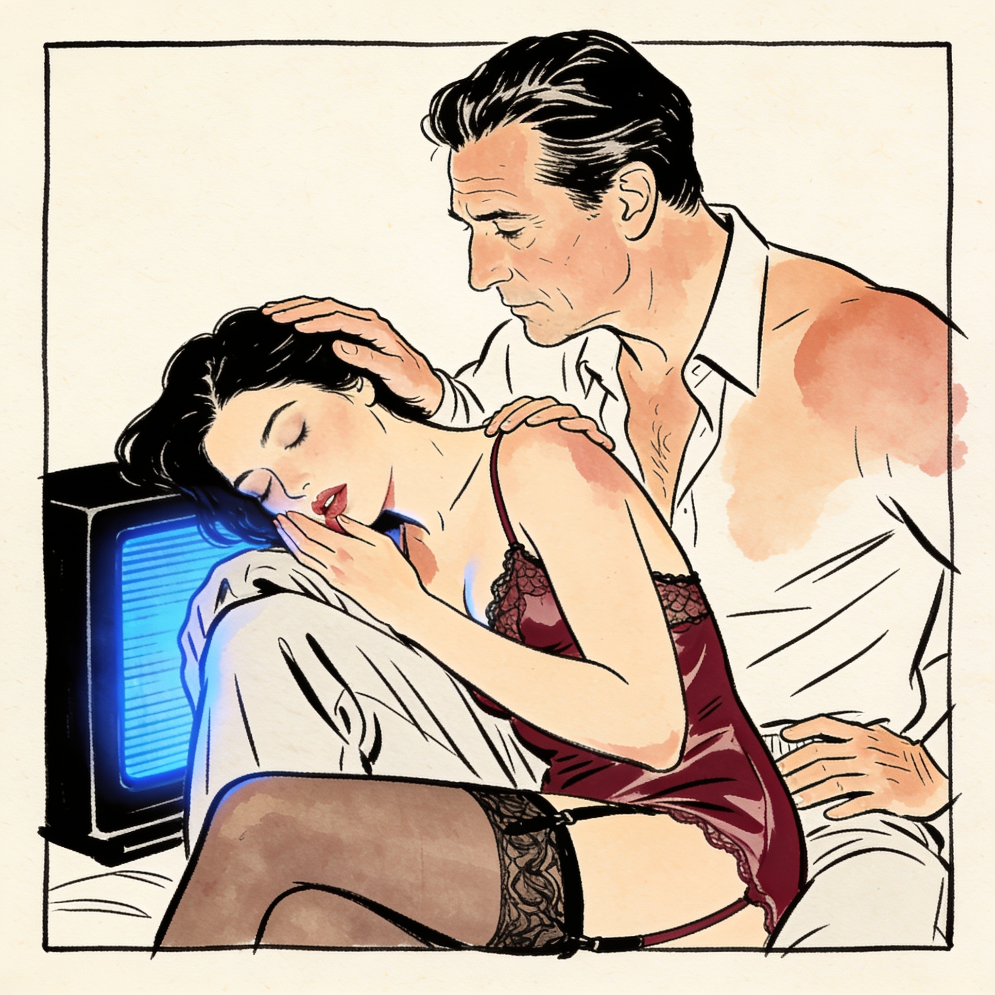 A man guides a sleeping woman's head to his lap in dim blue light.