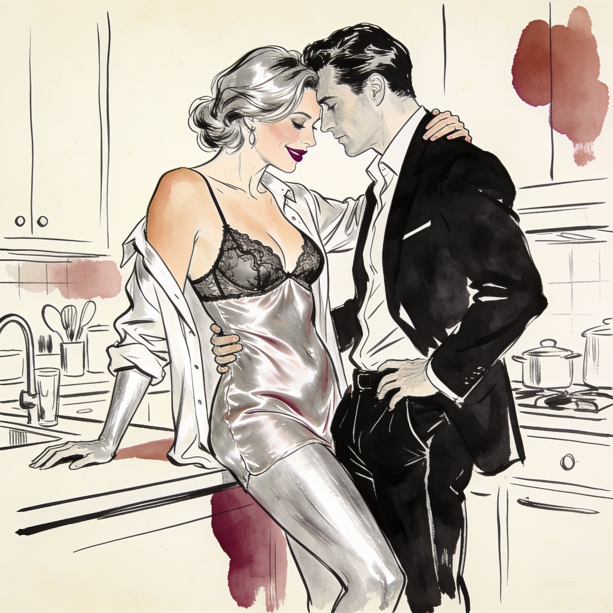 A woman in a silver bodysuit stands close to a man in a suit, her knowing gaze meeting ...