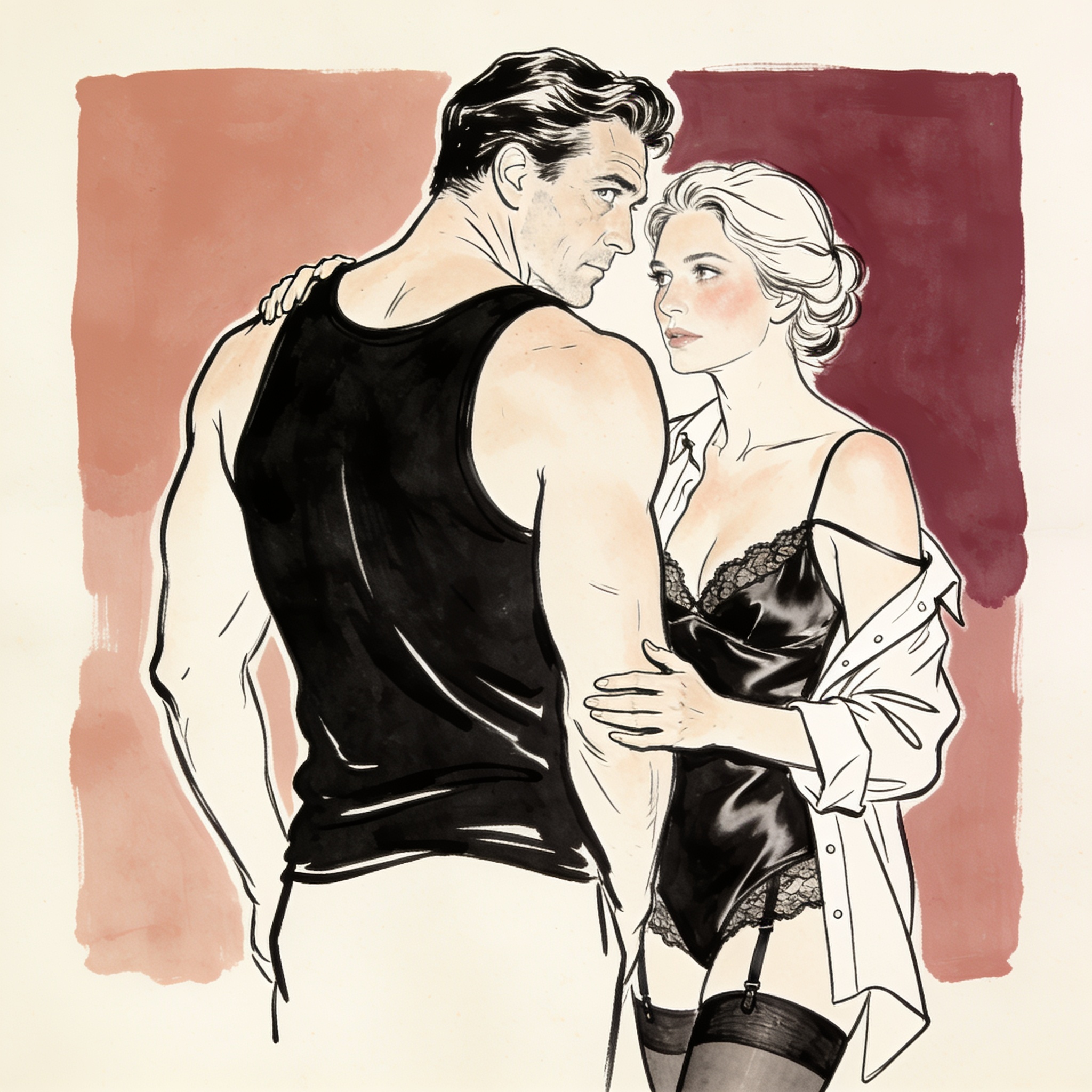A woman in a silk camisole touches a muscular man's back as they share a tense gaze.
