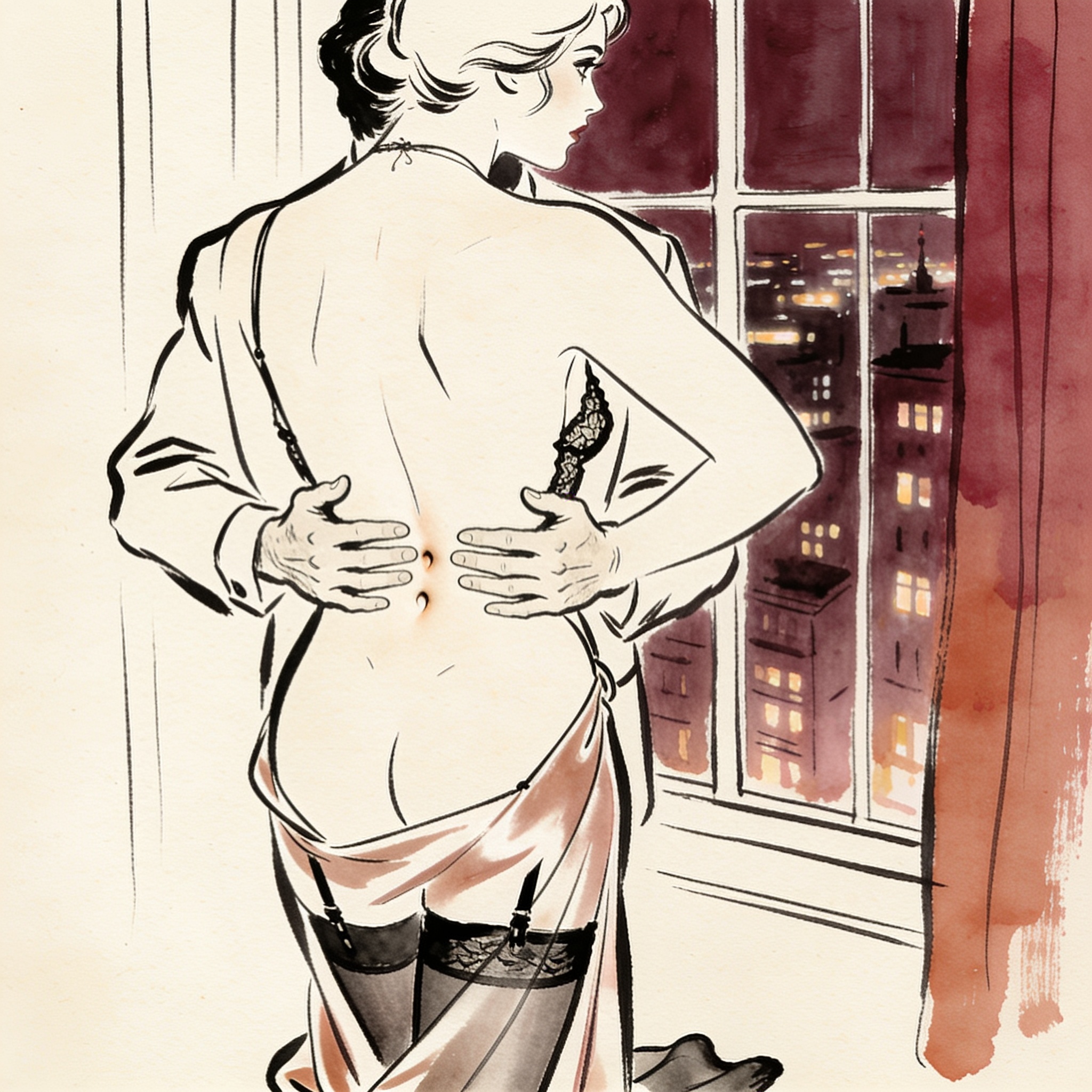 A couple in a hotel room, her dress fallen, his hands on her bare back.