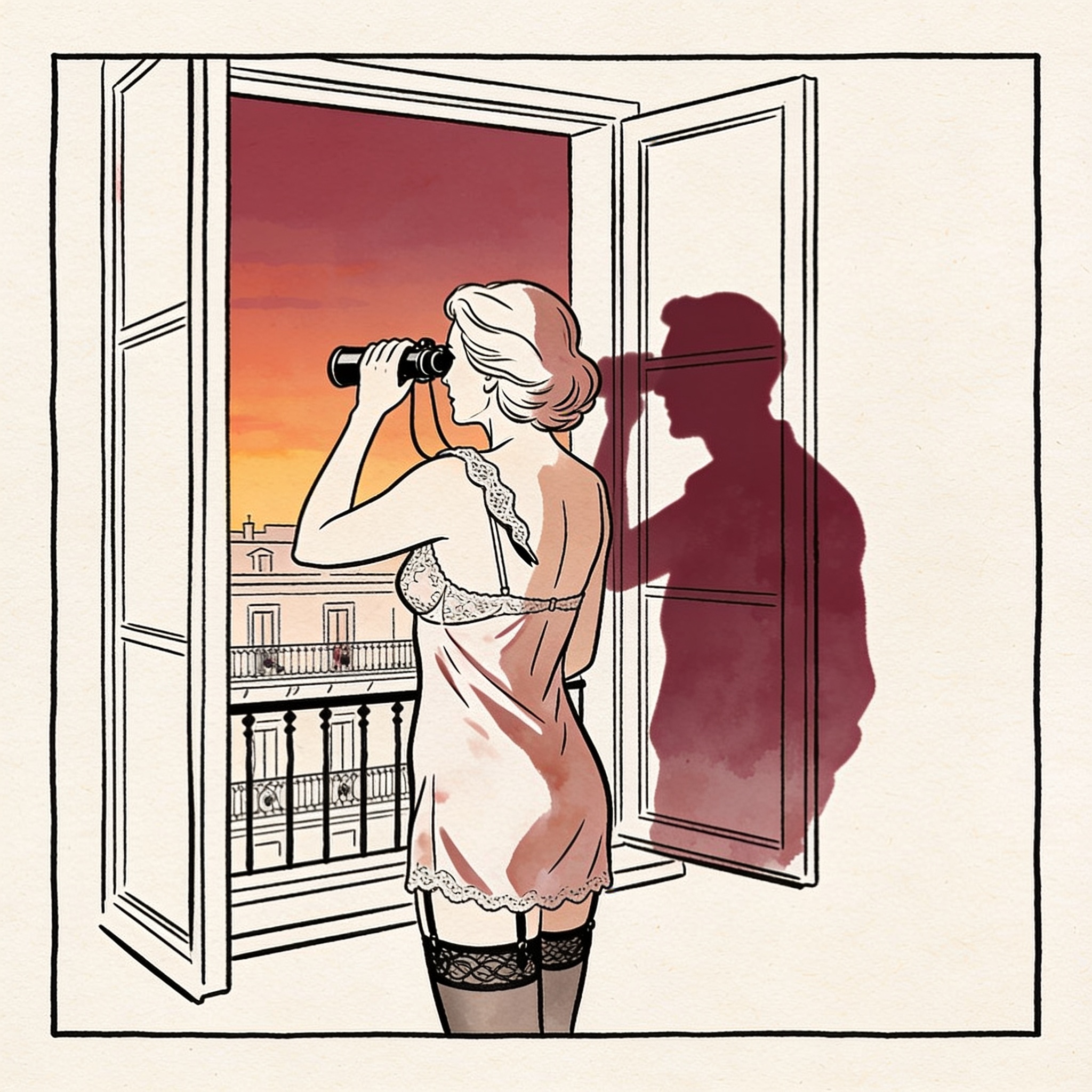 A woman watches through binoculars from a window, her husband's shadow in the frame.