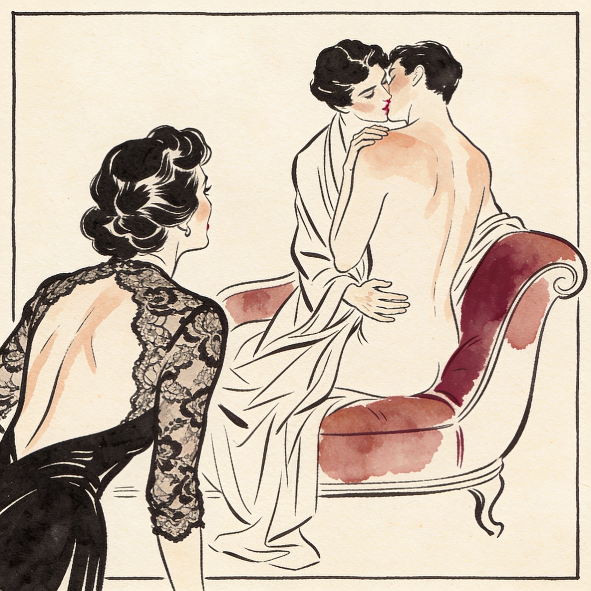 A woman in a lace top watches two strangers nearly kiss on a chaise in a dimly lit lounge.