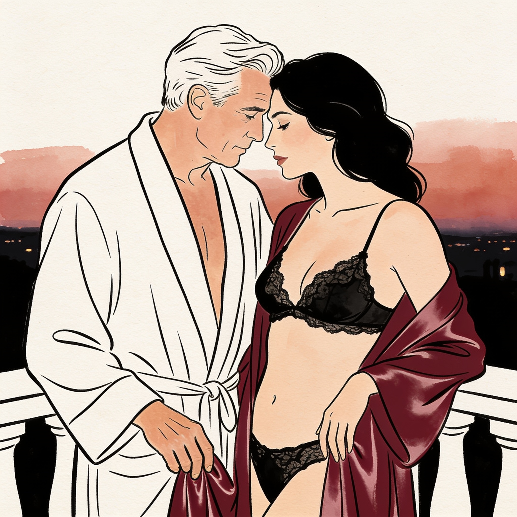 A man and woman in an intimate, longing embrace on a rooftop at dusk.