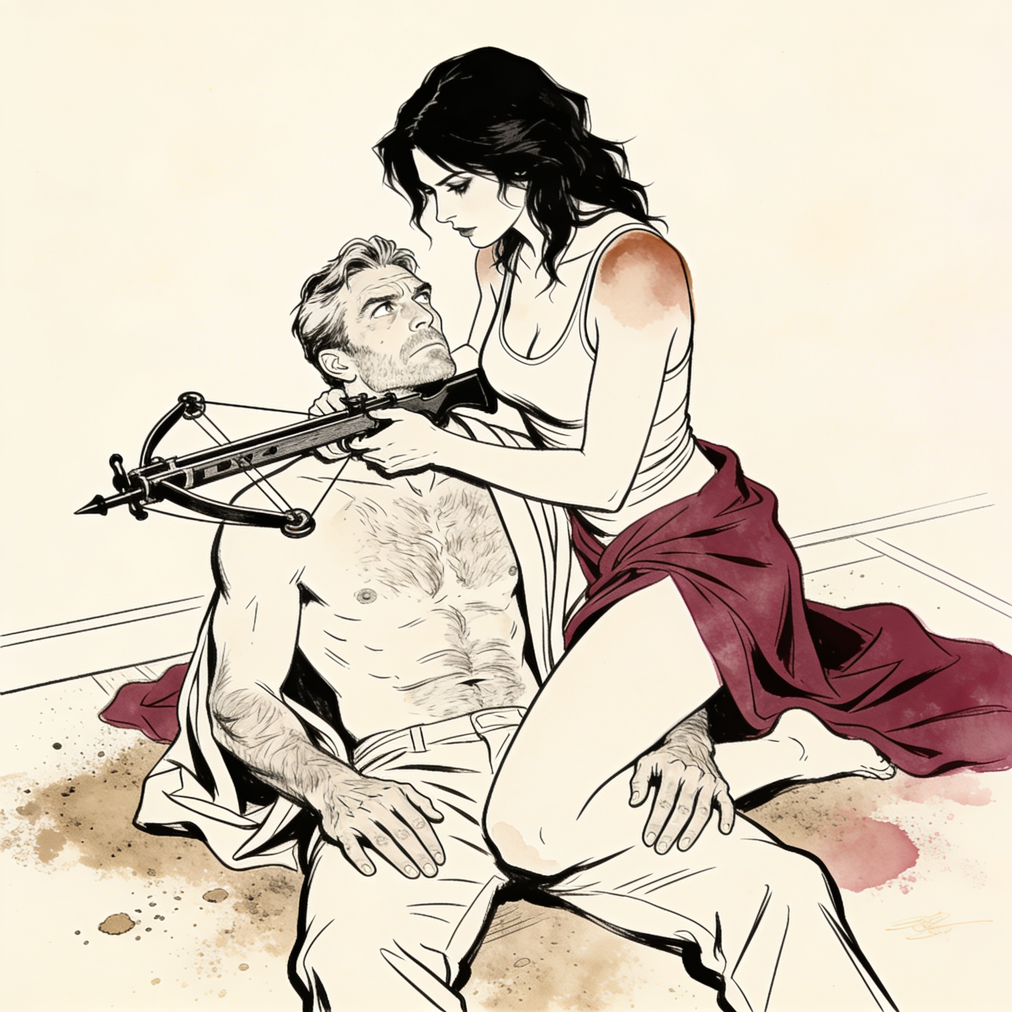 A woman pins a man to the floor with her crossbow, their gaze charged with dangerous at...