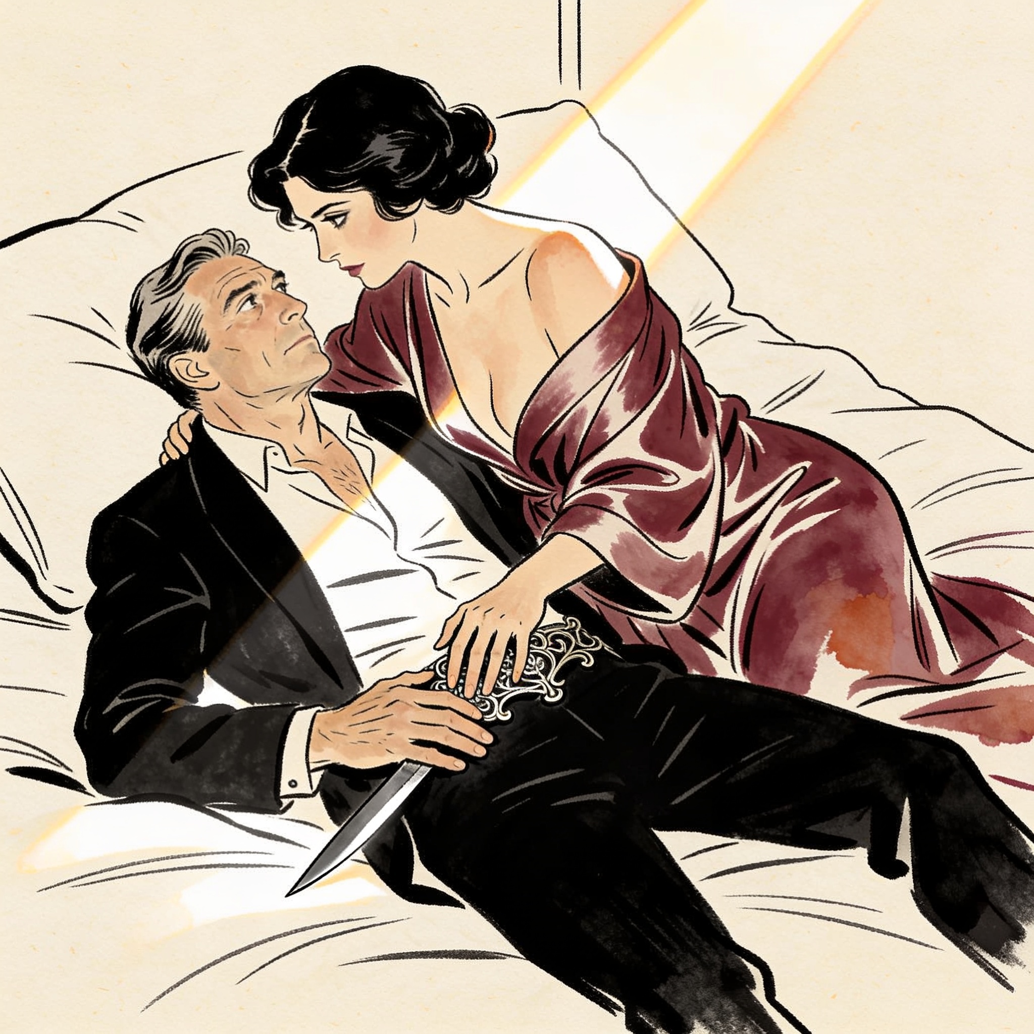 A woman touches a metal chastity cage on a man's hip in dawn light, her gaze powerful.