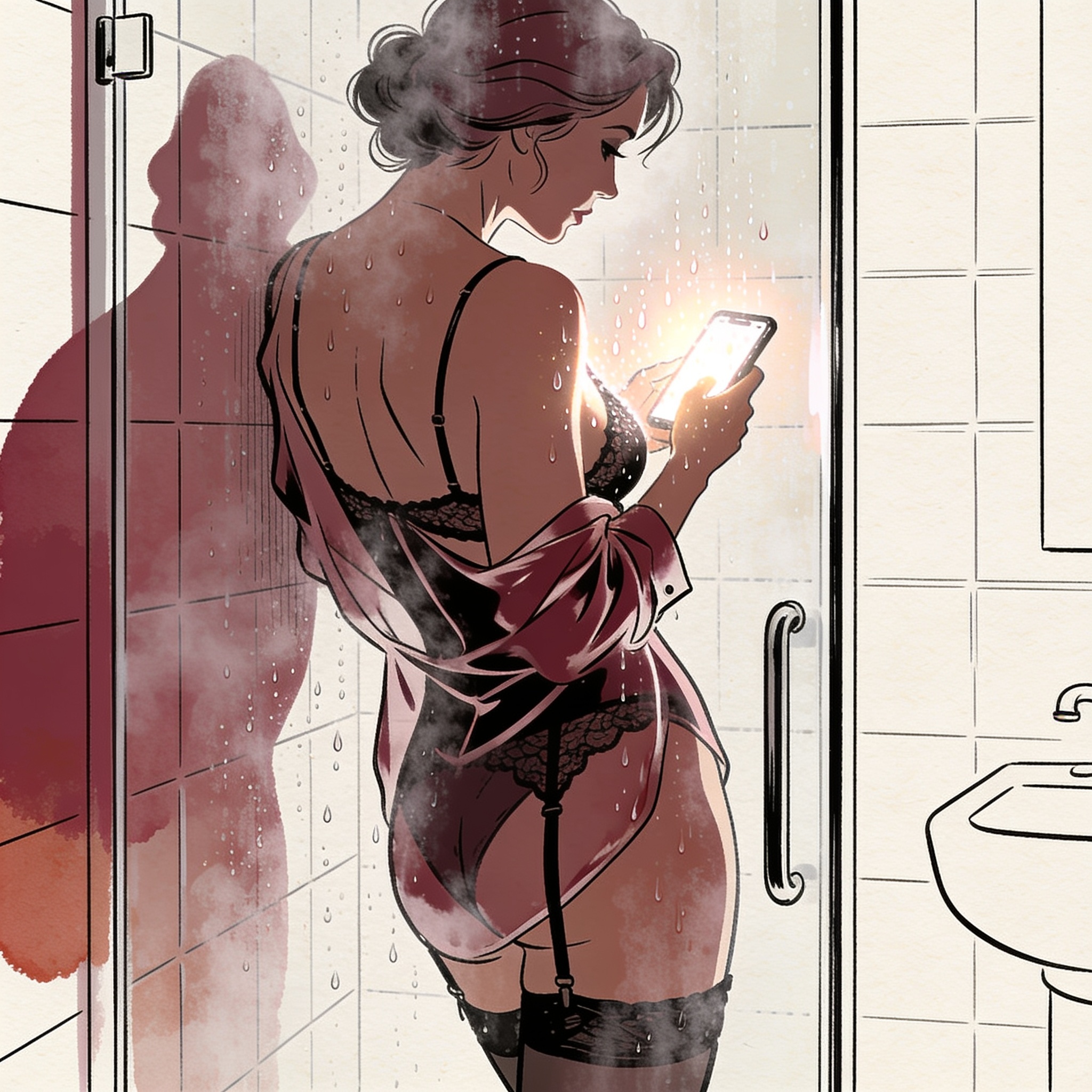 Silhouette in steamy shower holds glowing phone, water droplets on lingerie.