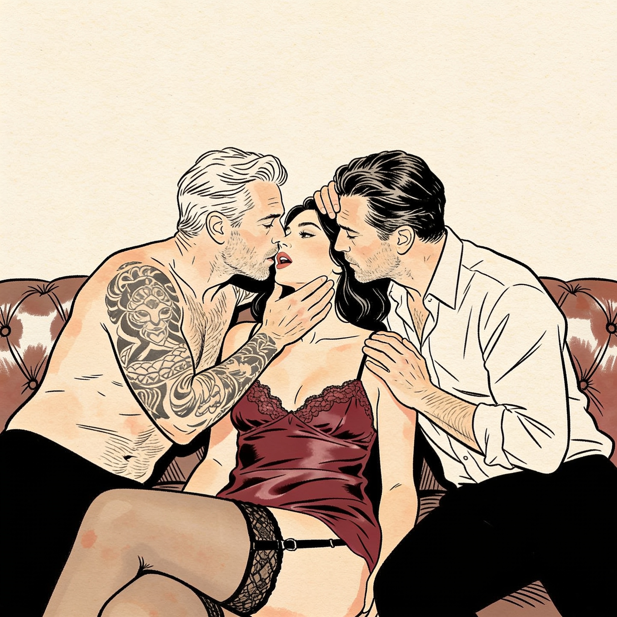 Two men and one woman in an intimate, longing embrace on a couch.