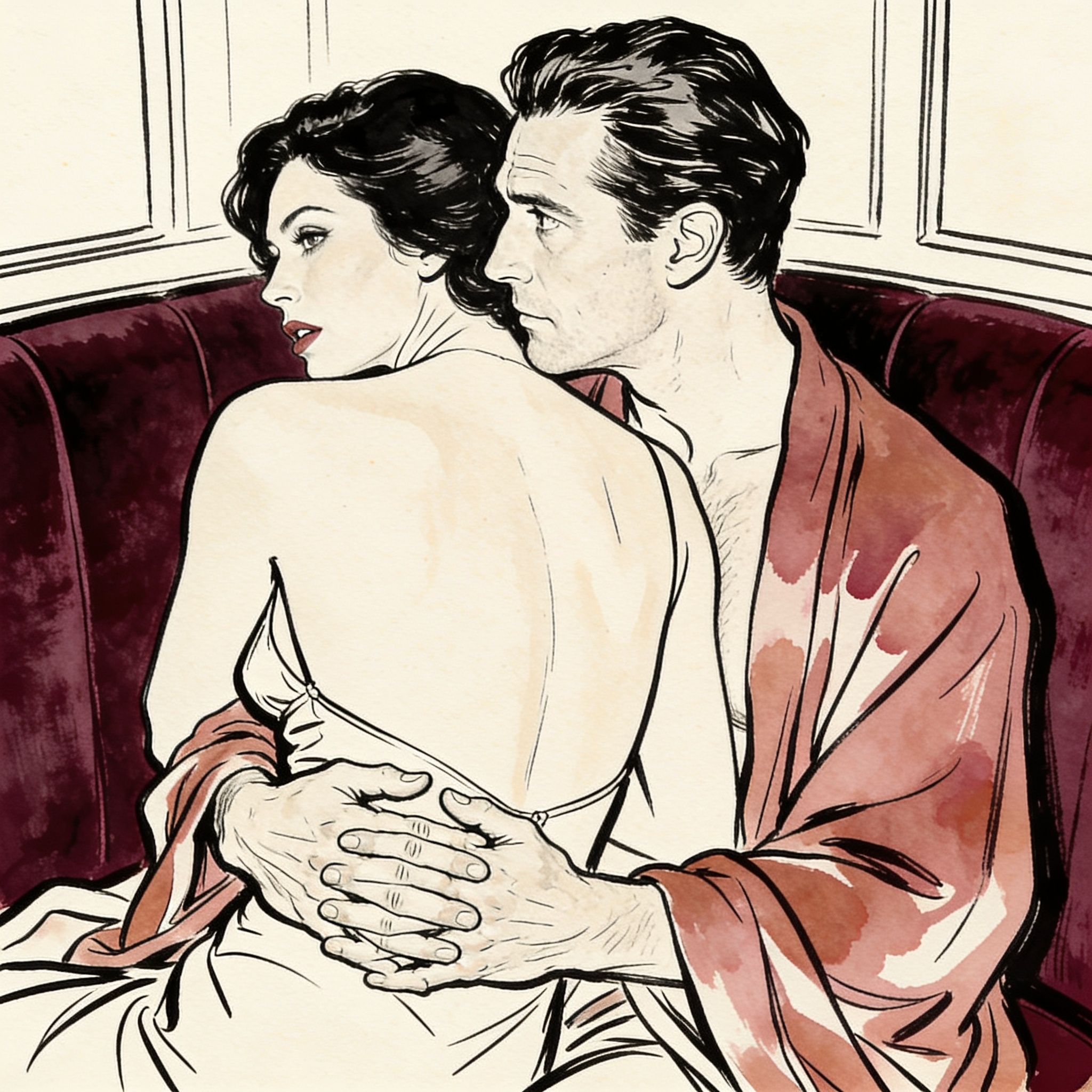 A couple, bodies close, tensely watching a private show in a dim club.