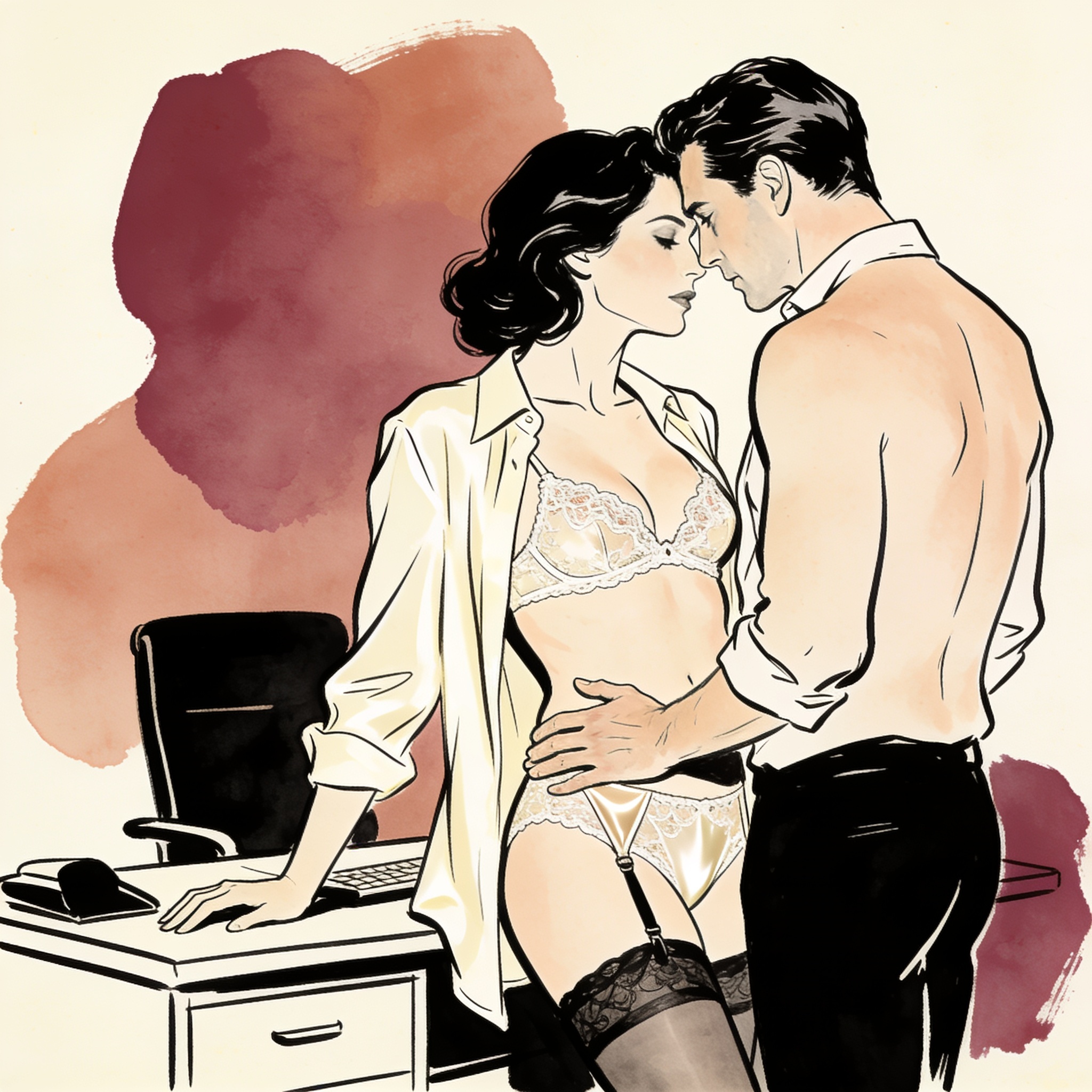 An intimate line art of a couple in a late-night office, sharing a tense, close moment.