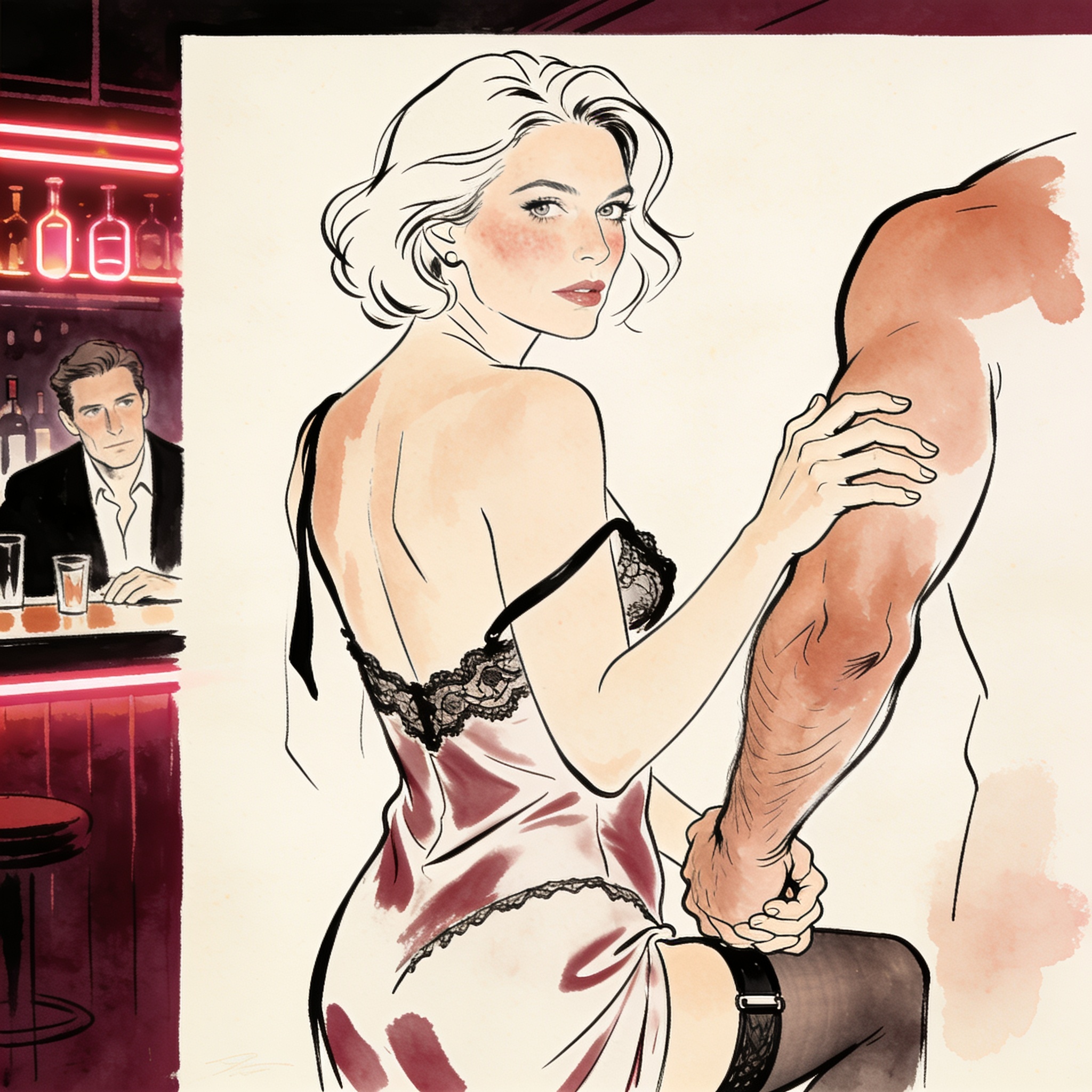 A woman in a lace slip touches a stranger's arm while her partner watches intently from...