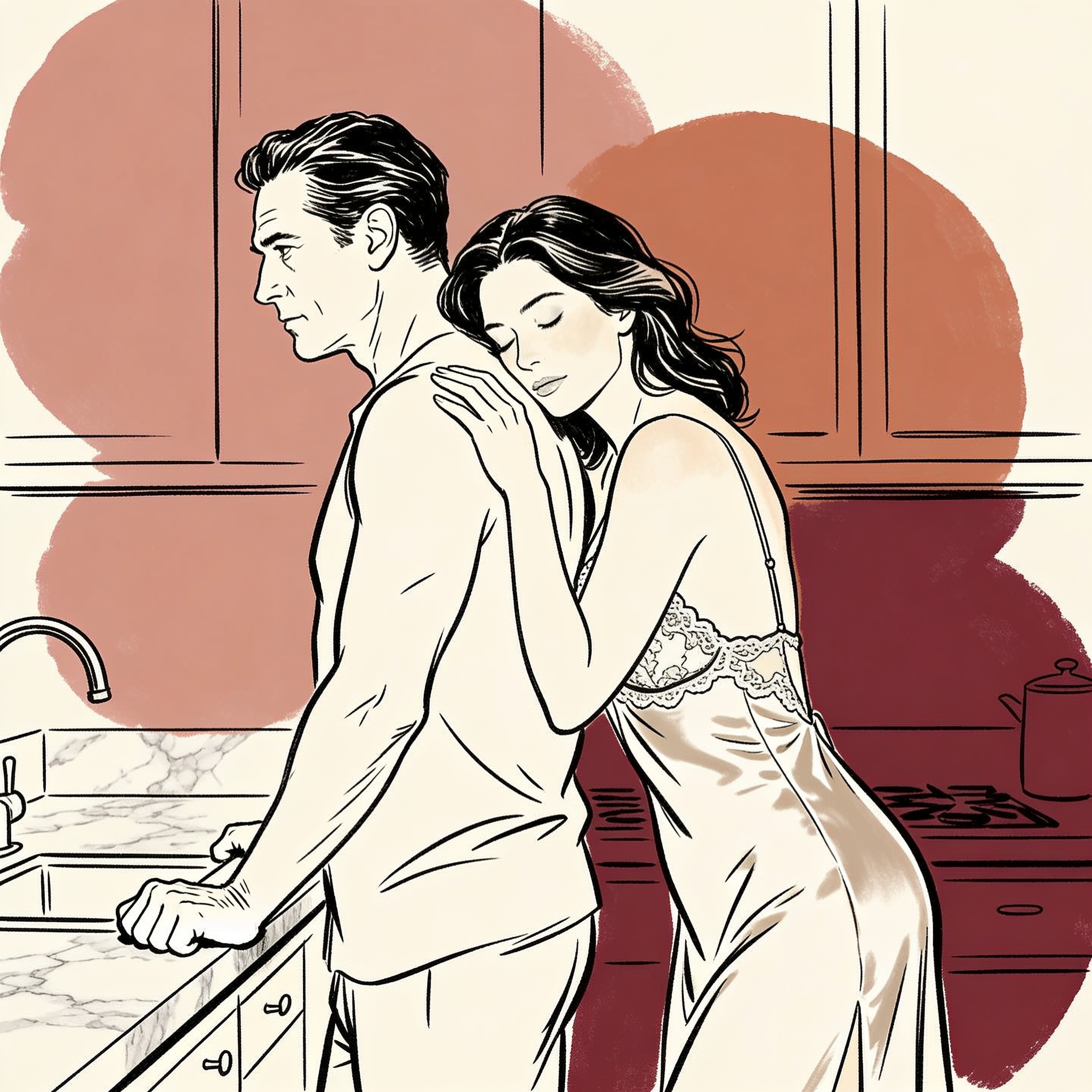 A man and a woman share a tense, charged moment in a modern kitchen.