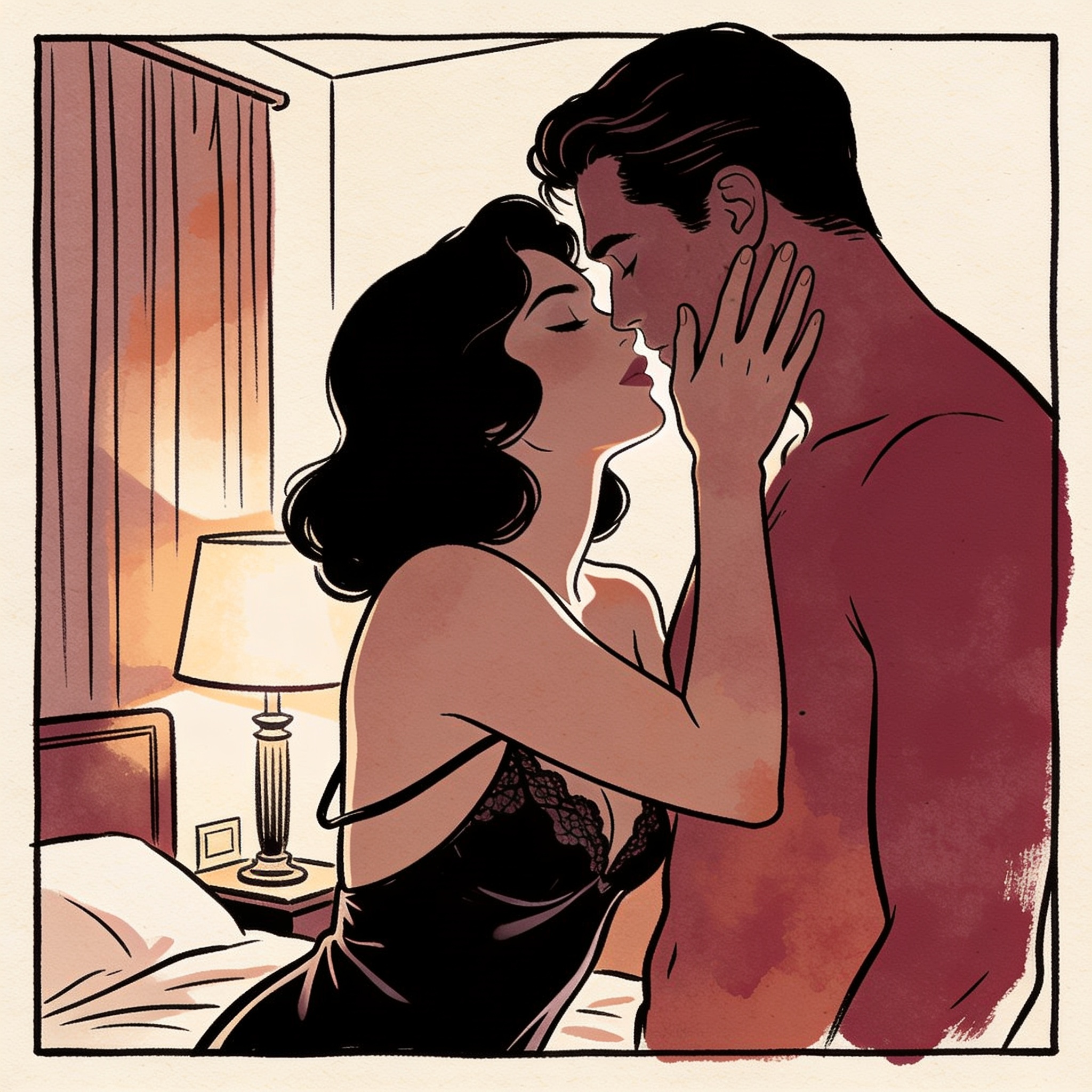 A man and woman share a charged, tender moment, foreheads touching, in a softly lit hot...