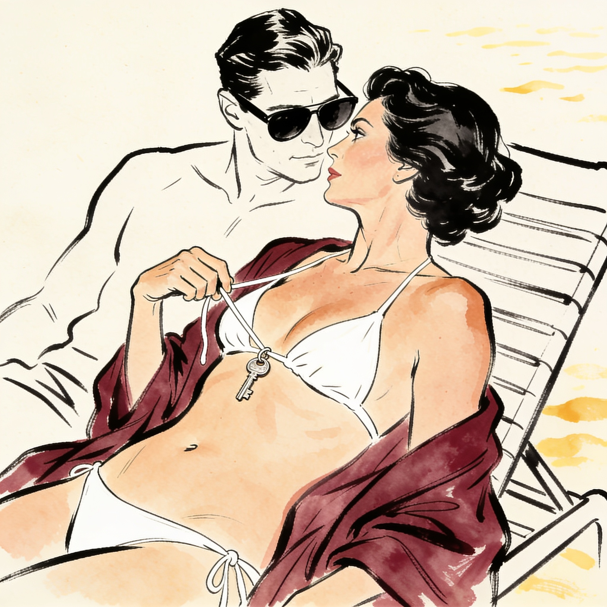 Woman on a beach lounger adjusts her bikini, a key dangling between her breasts as she ...