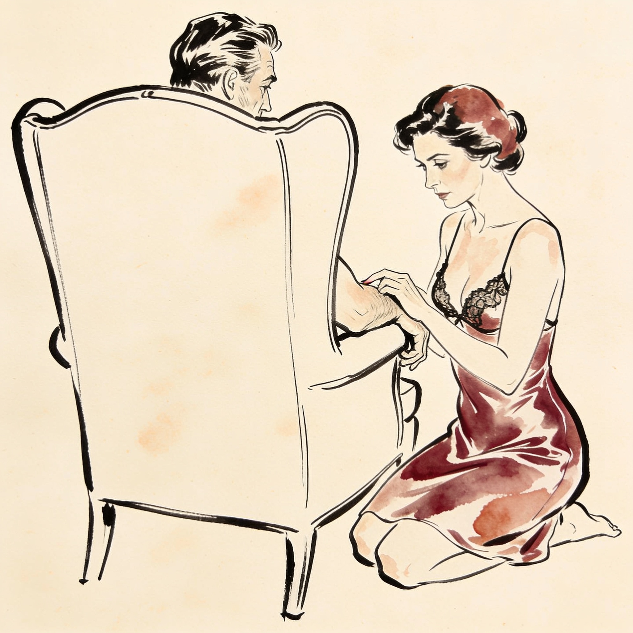 A woman in a silk slip kneeling, her gaze fixed on a man's powerful forearm.