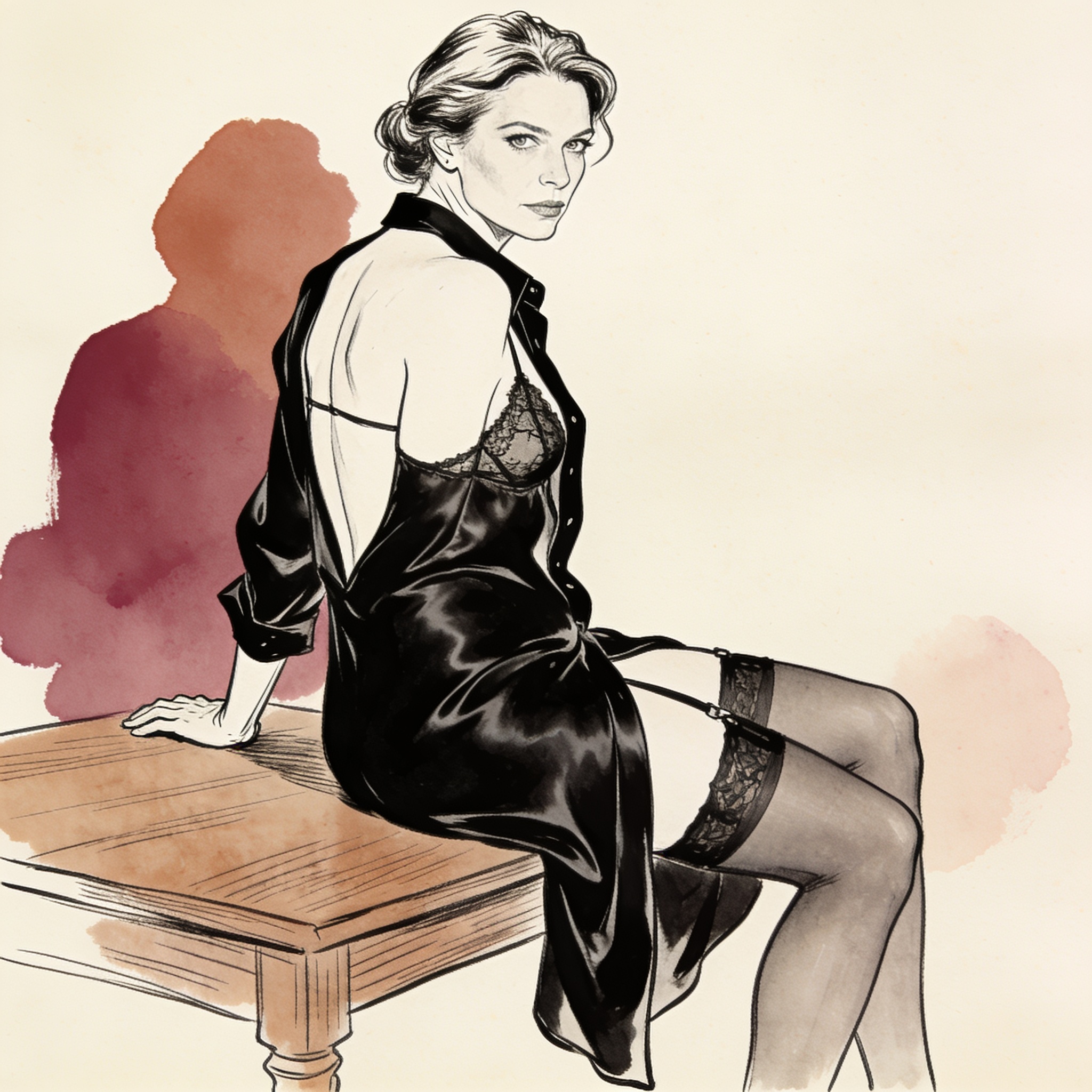 Woman in black silk on a kitchen table, giving a challenging gaze.