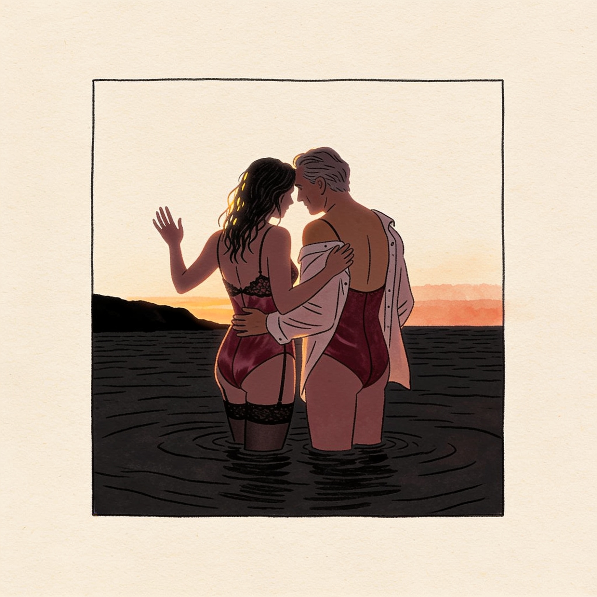 Two women in water, backlit by sunset, look towards the shore with an inviting gesture.
