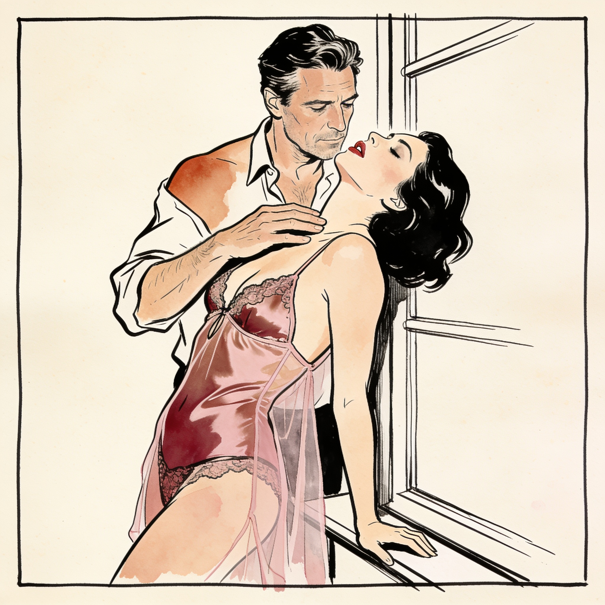 A woman in a sheer slip leans back against a man as his hand hovers near her bare shoul...