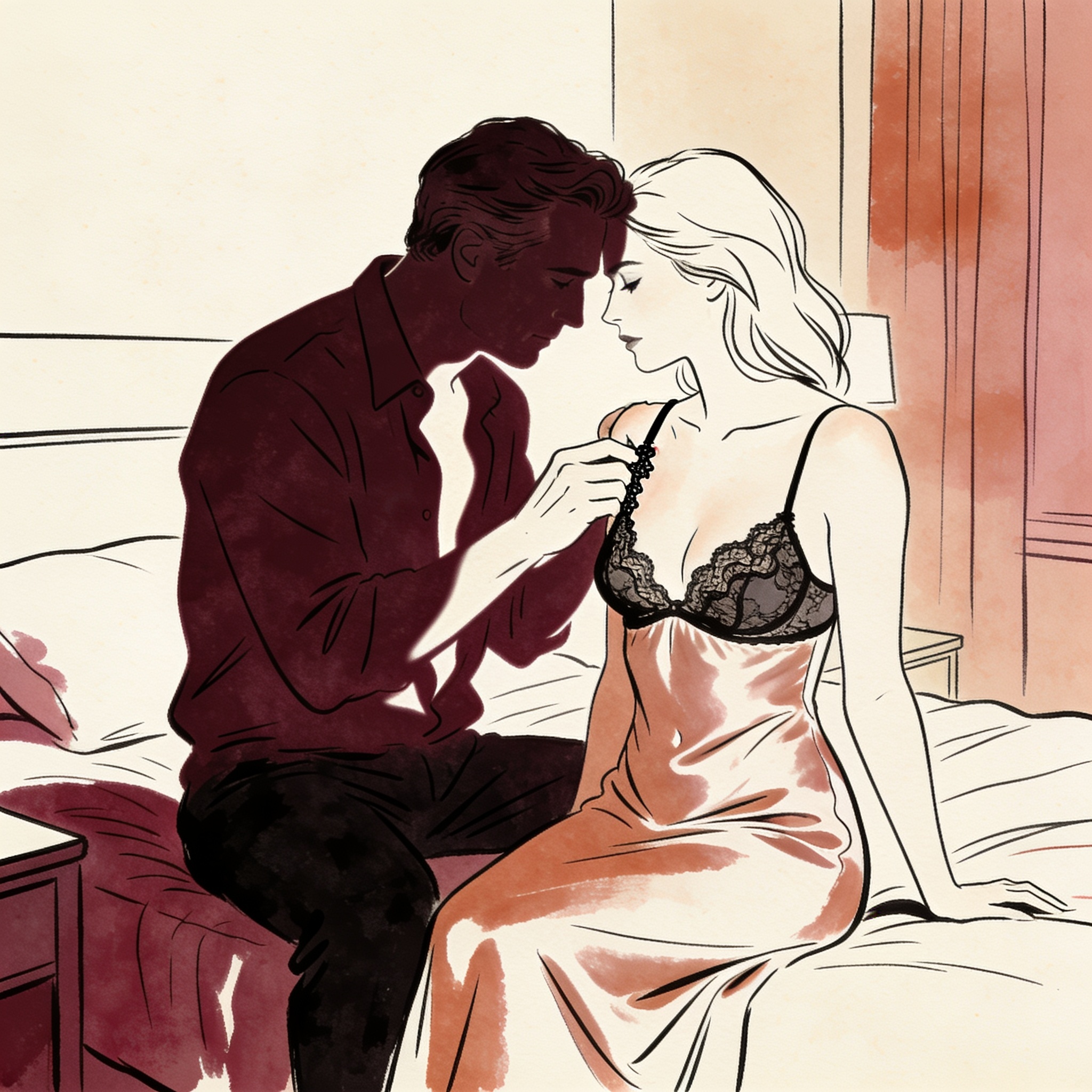 A man leans close to a woman, tracing her bra strap as they gaze intently at each other...