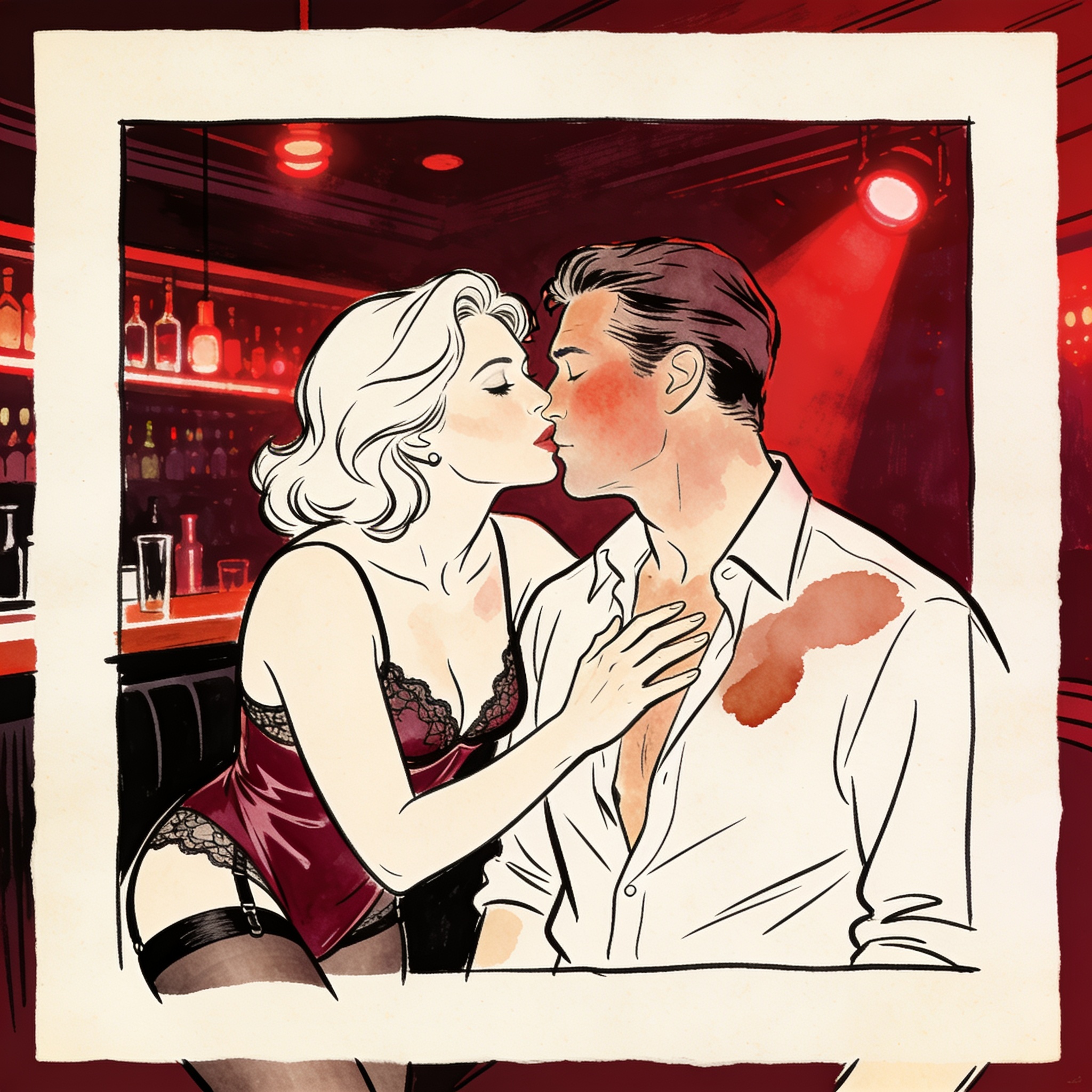 A woman whispers to a flushed man in a club, her hand on his chest.