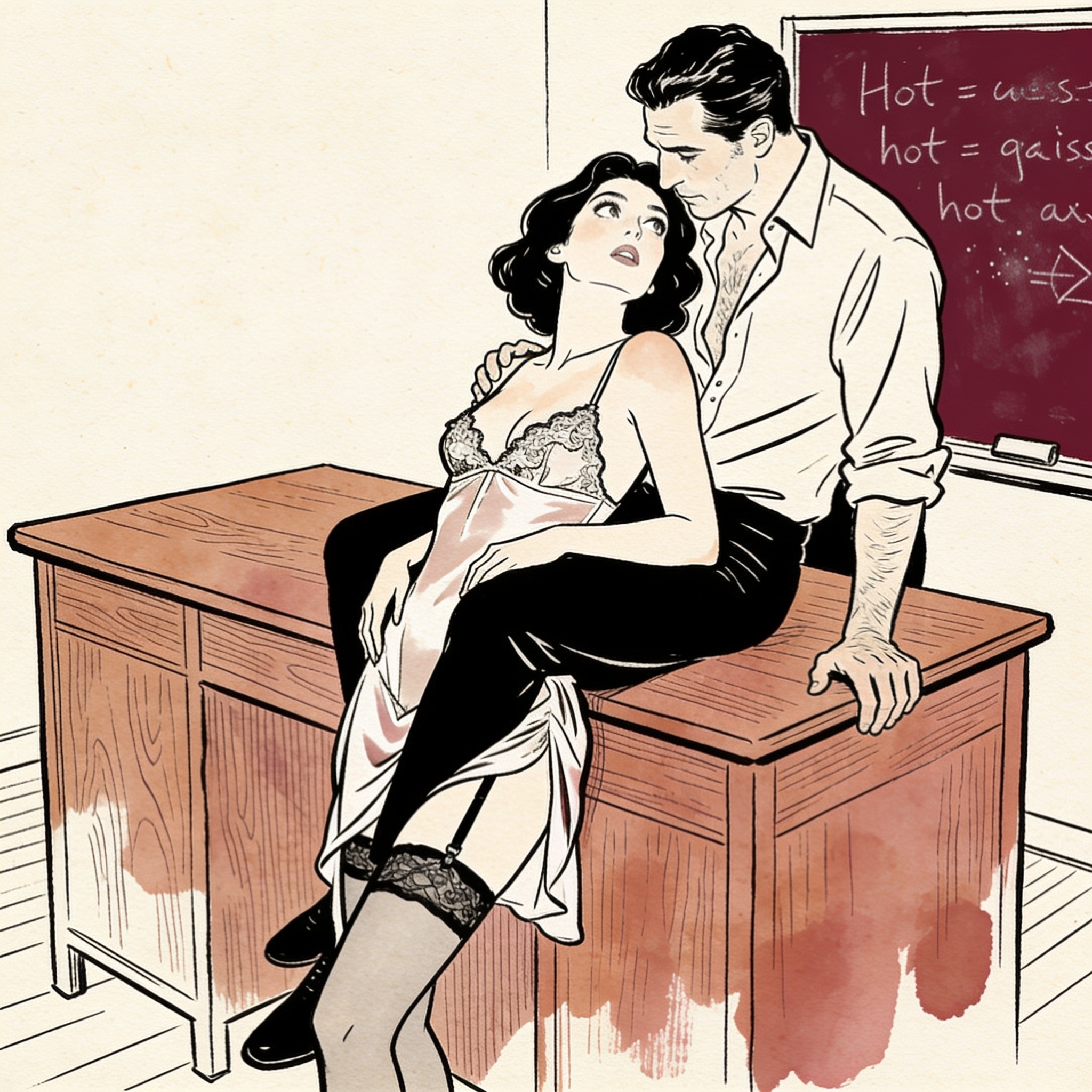 Woman caught between two men in a classroom, tension palpable.