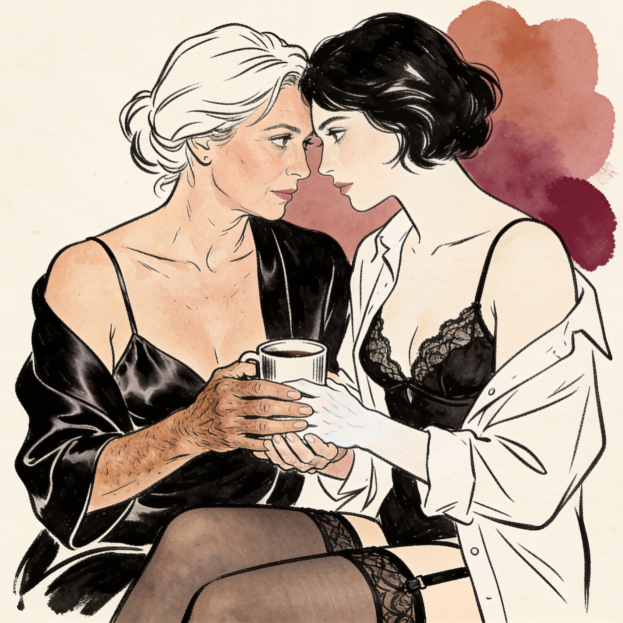 Two women's hands touching, foreheads pressed together in an intimate cabin moment.