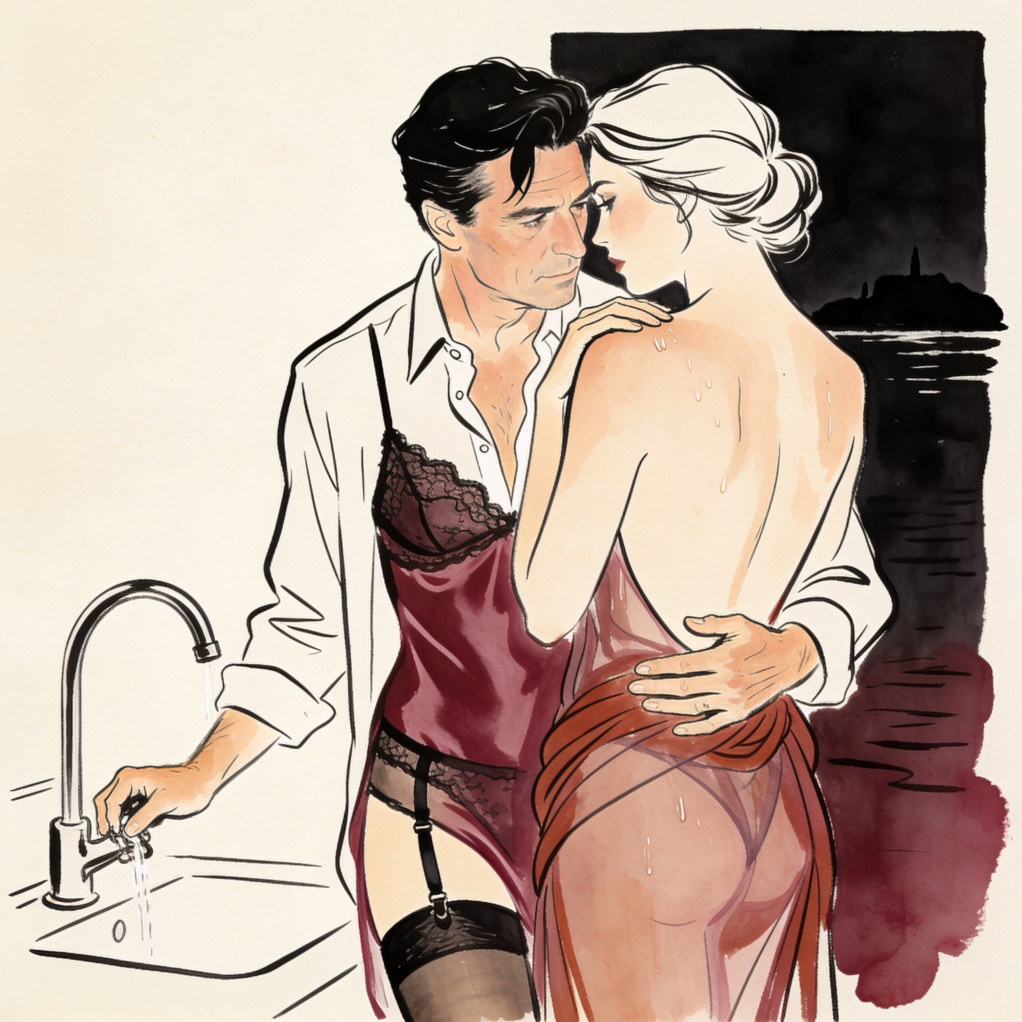 Woman in sheer slip reaches for sink, observed by man across a dark kitchen island.
